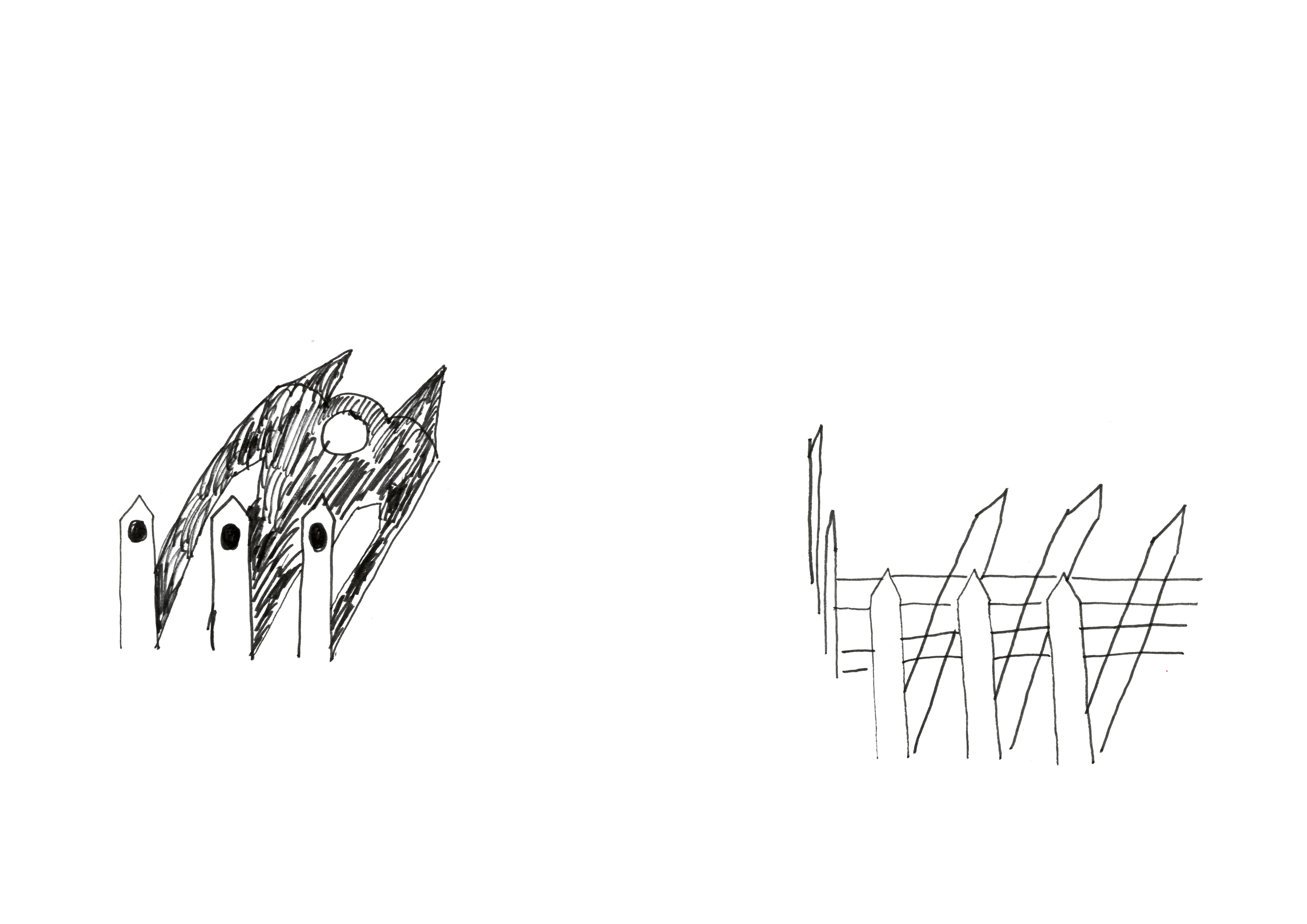 felt-tip pen drawing of three wooden stakes casting shadows backwards and sideways, and another set of three stakes casting a shadow of a cathedral backwards