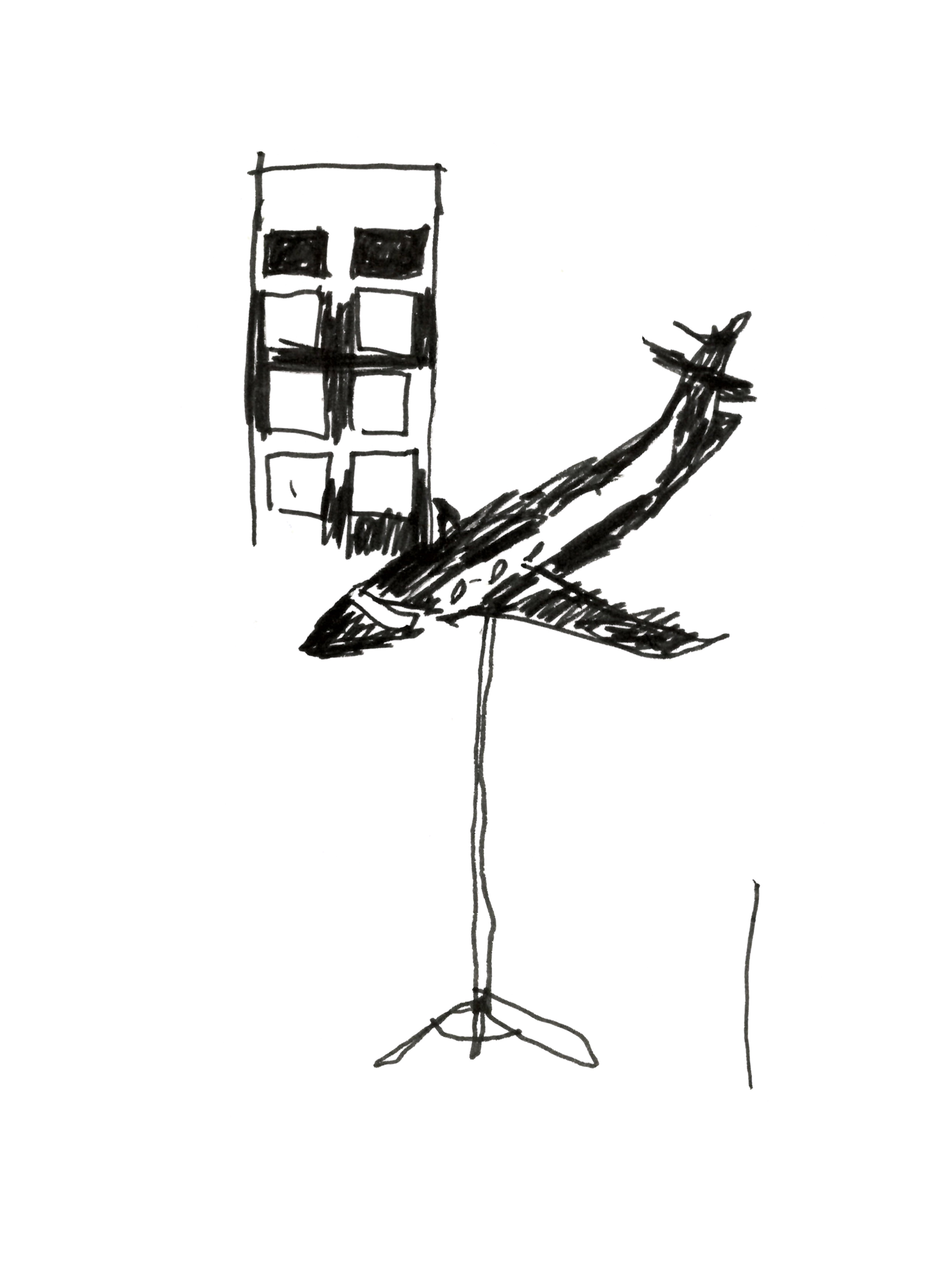 pen drawing in black of a model-plane sitting on a stand in front of a small tower