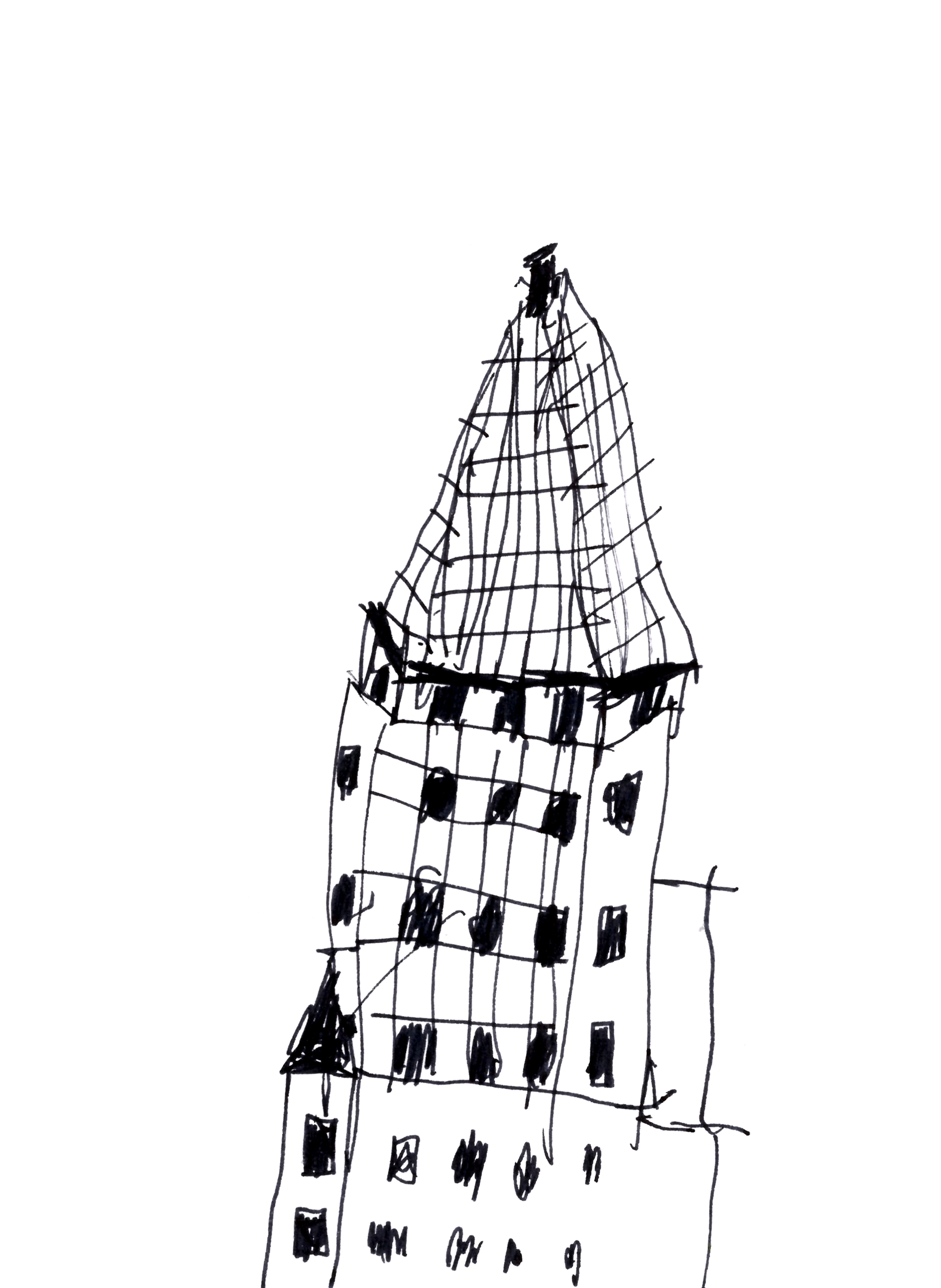 pen drawing in black of a pointed tower with black windows