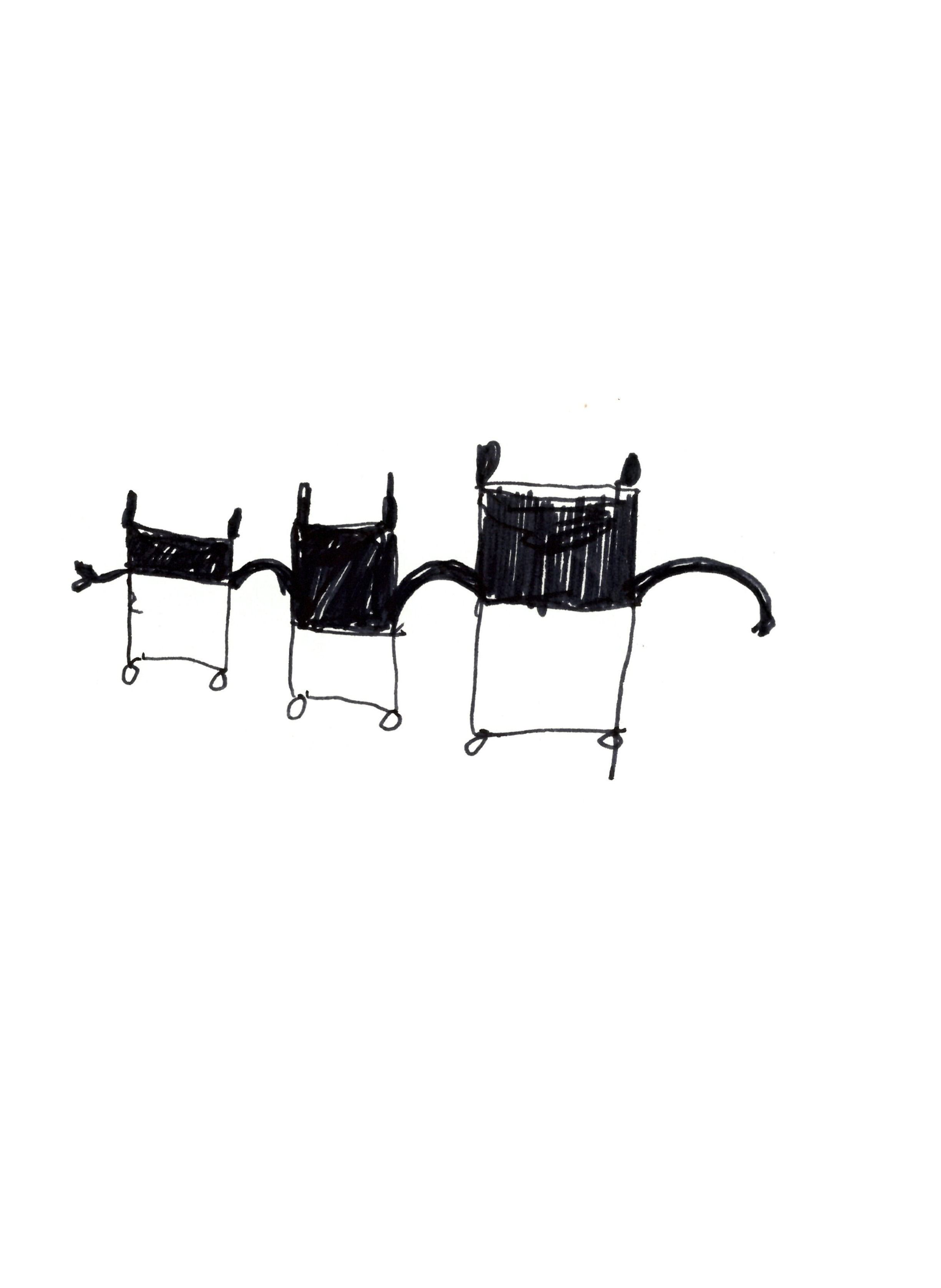 pen drawing in black of small shelves increasing in size from left to right, all linked together with small arms