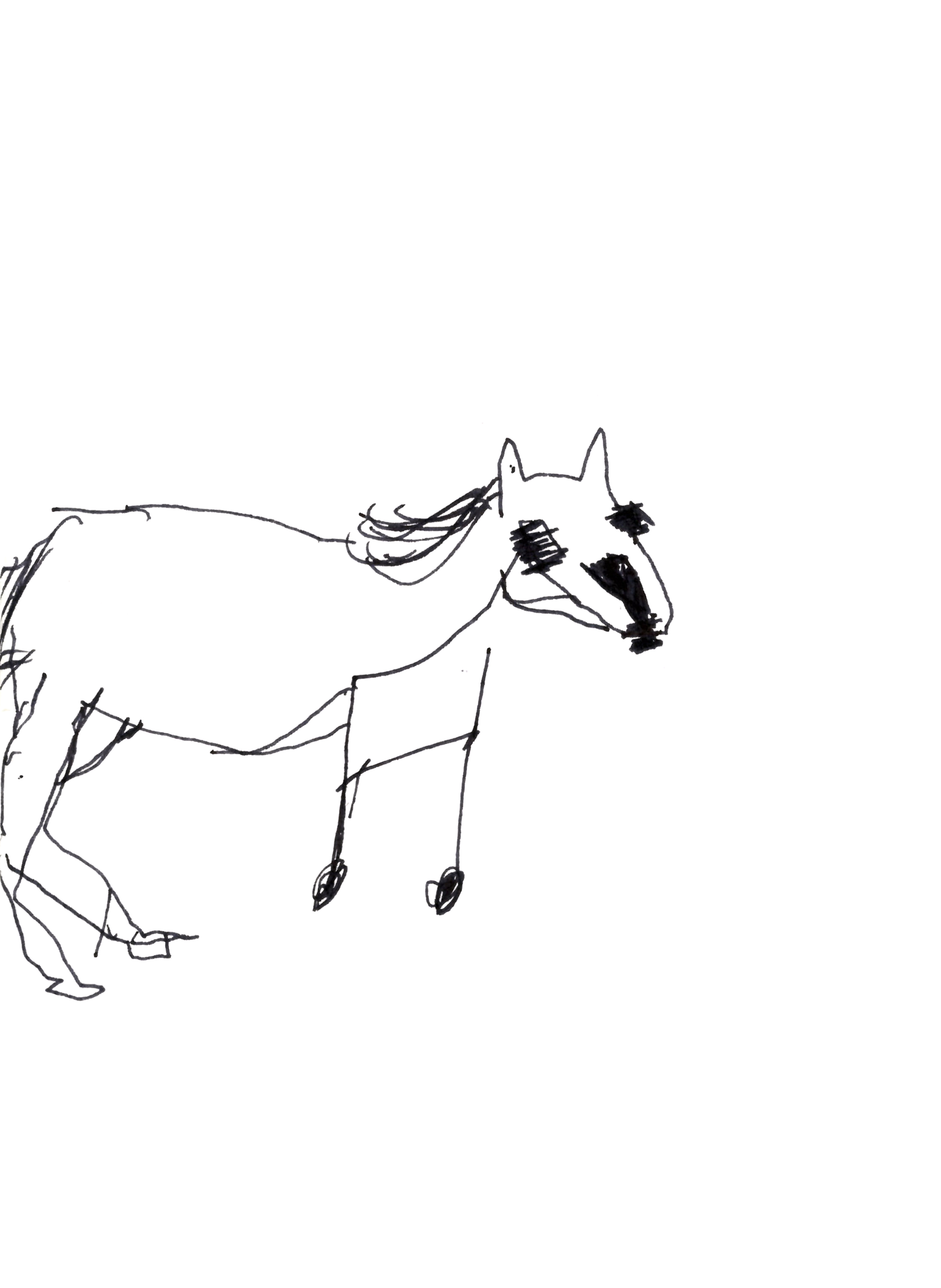 pen drawing in black of a horse with blinders and wheels for front legs