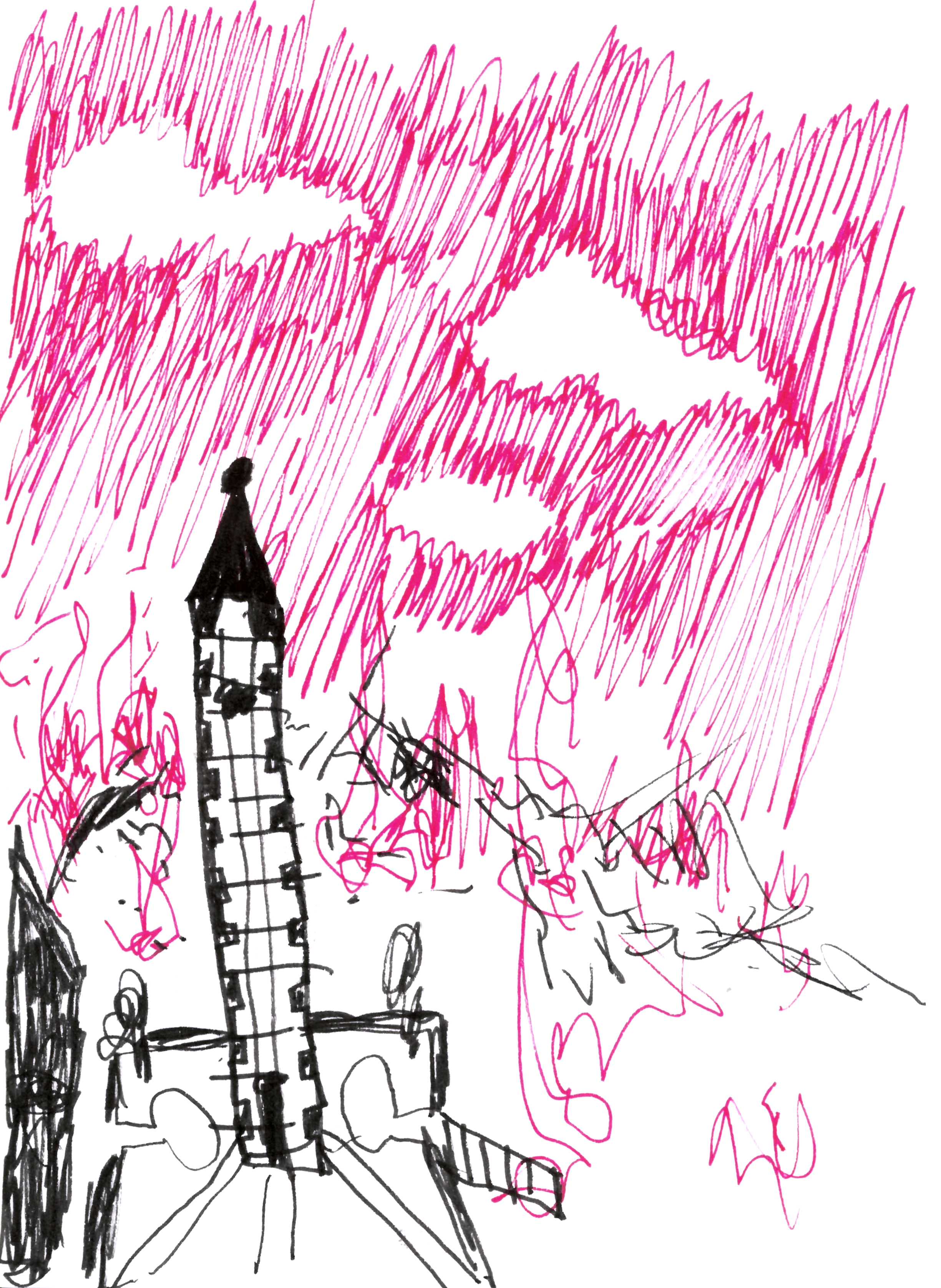 pen drawing in black and red of a campanile in front of a red sky with clouds, and a landscape consumed by fire in the background