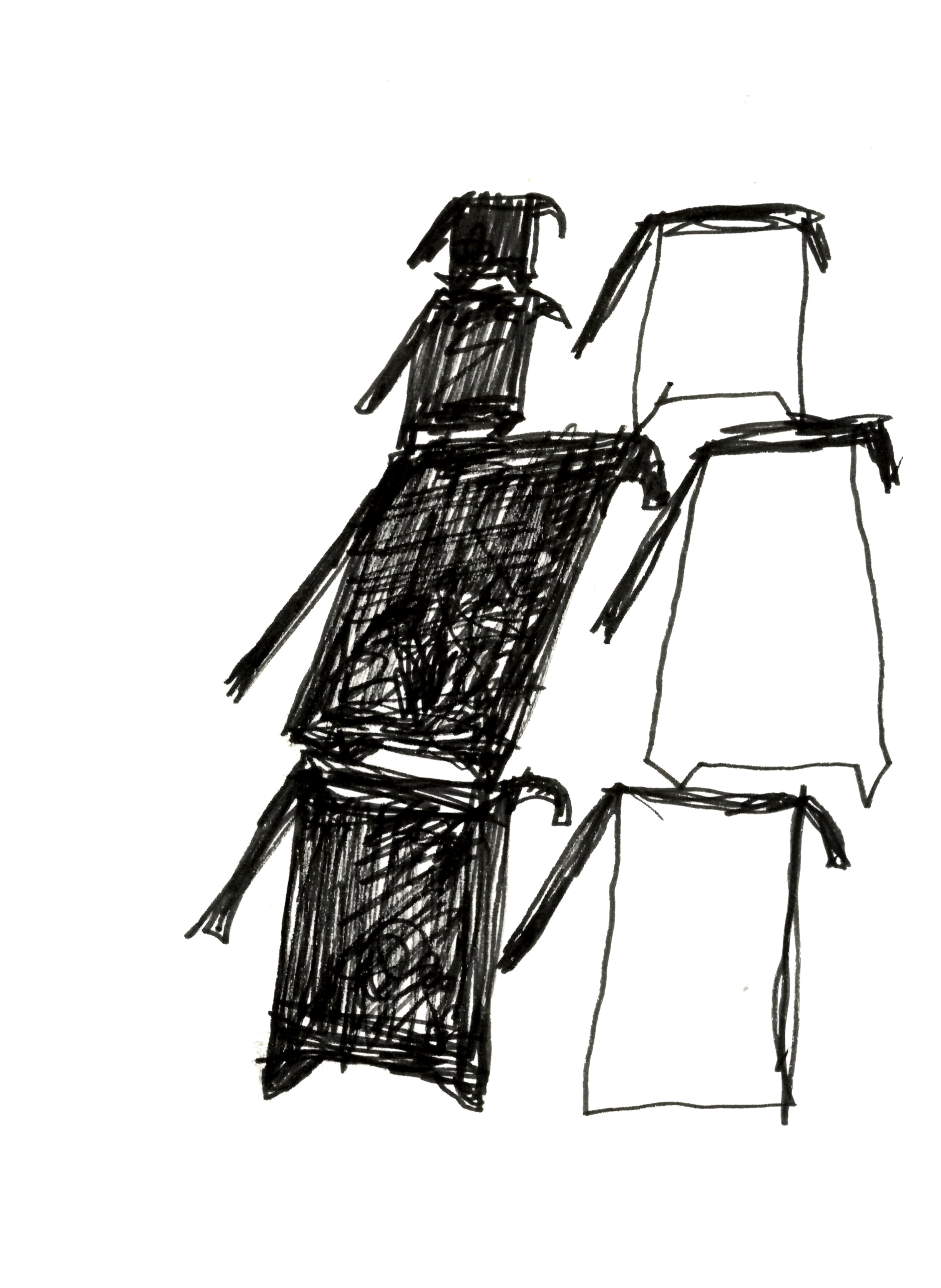 pen drawing in black of seven water-pitchers stacked on top of one another, four on the left shaded black and three on the right without fill
