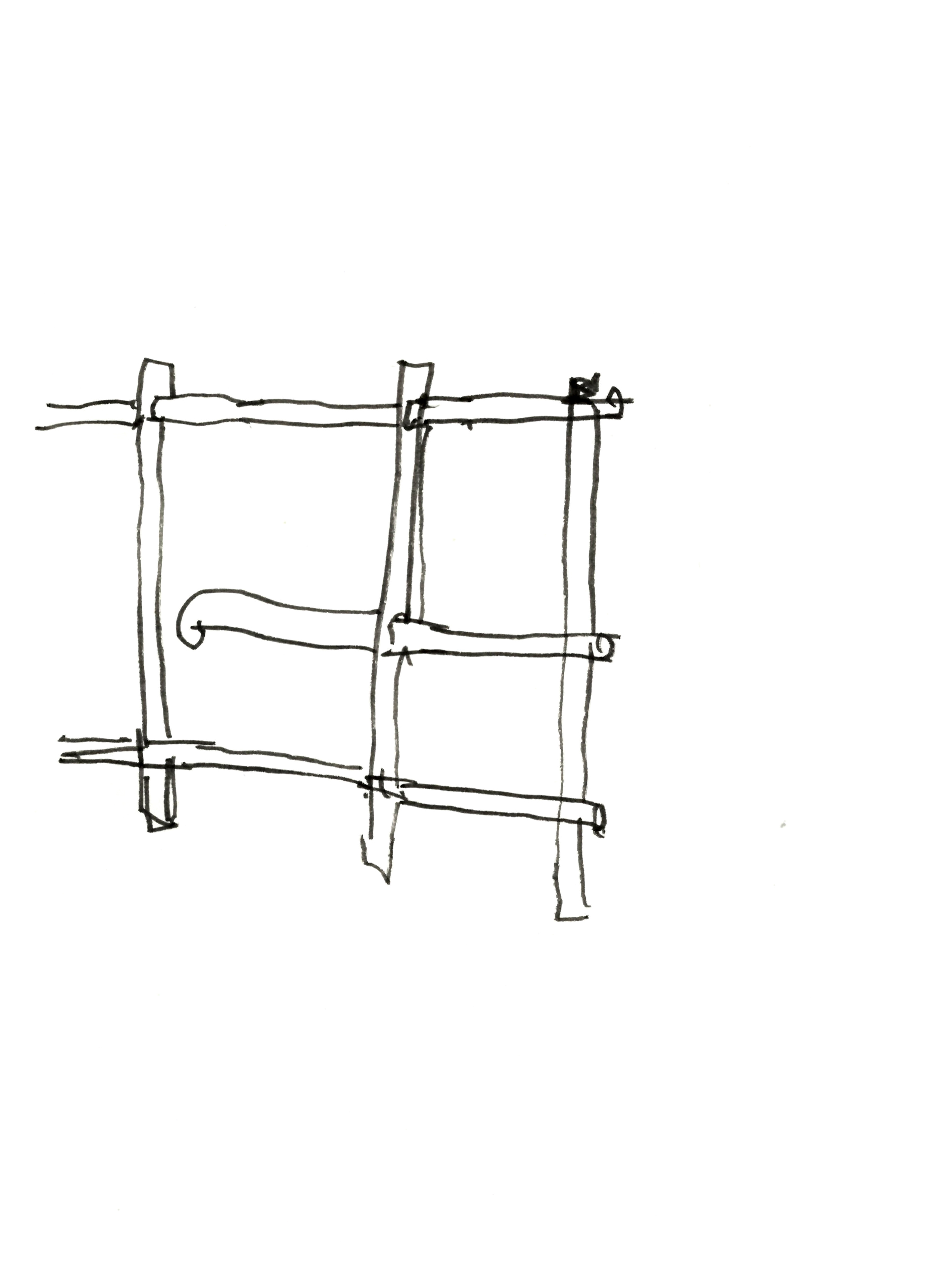 pen drawing in black of a handrail with a curly middle-rung 