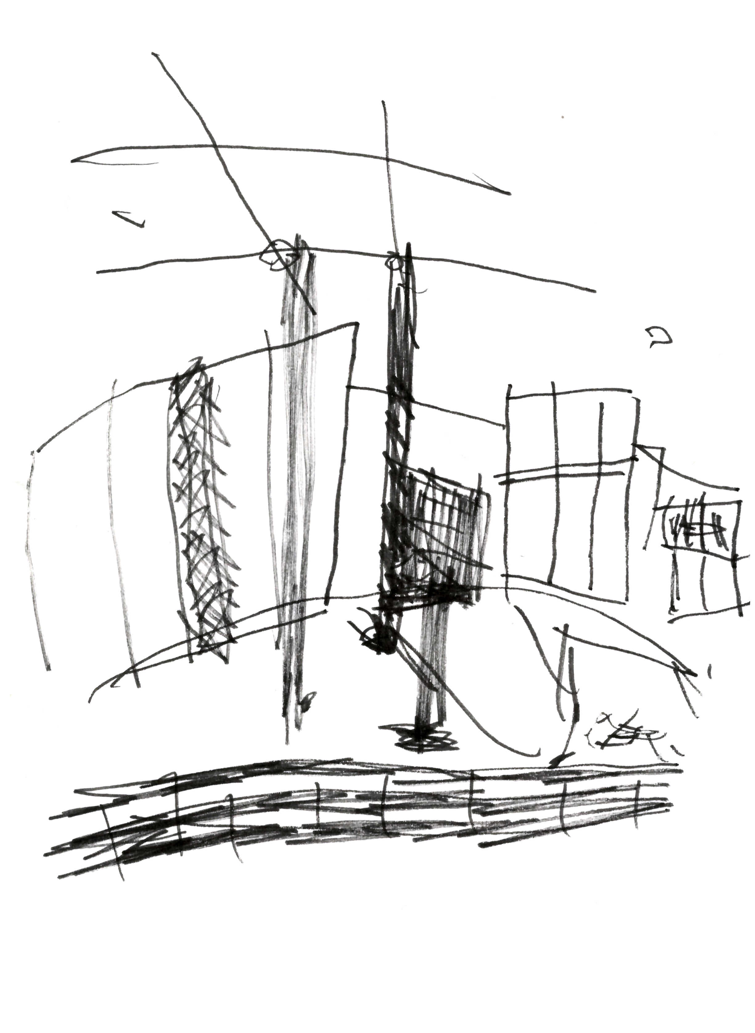 drawing in black pen of a curvy interior space with columns and partition walls falling off both edges