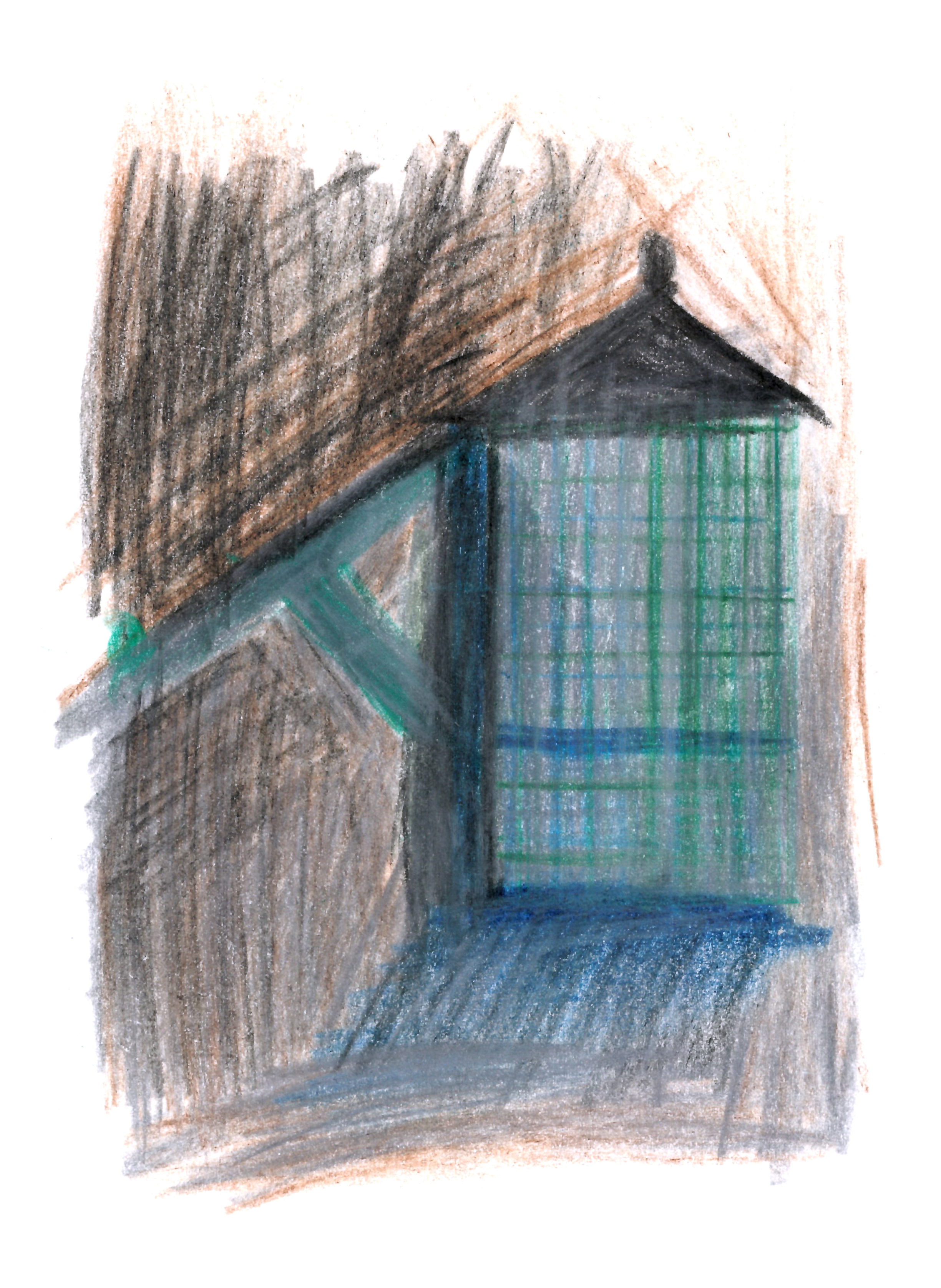 drawing in colored pencil of a shed with a large overhang and a background of black and brown