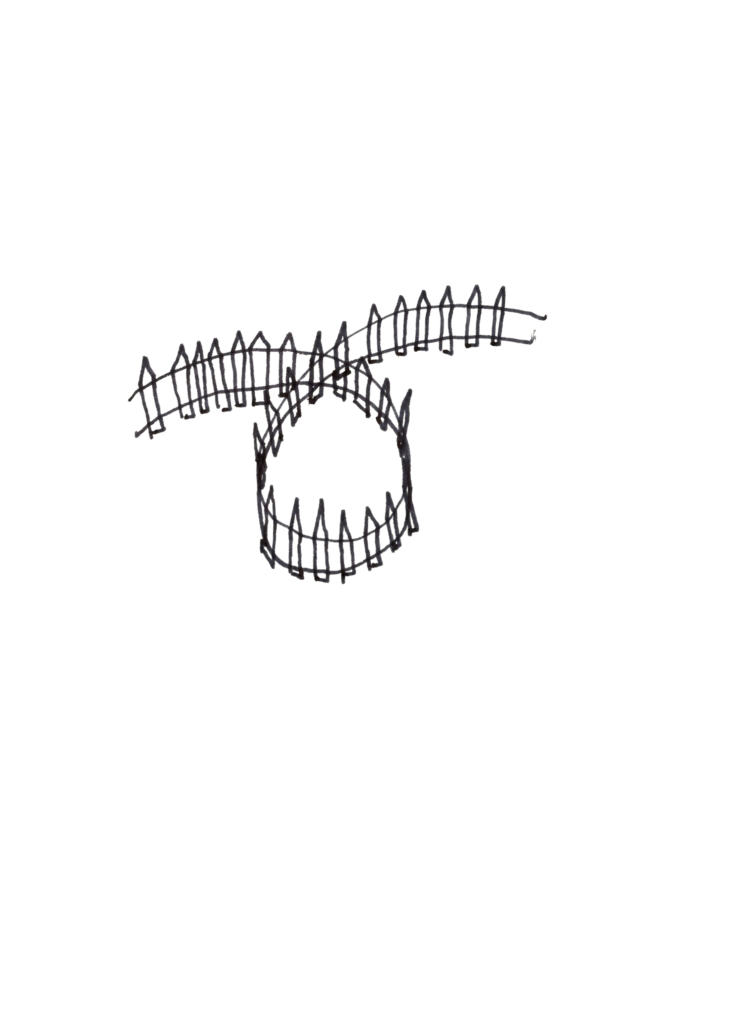 drawing in black pen of a picket fence making a loop on itself