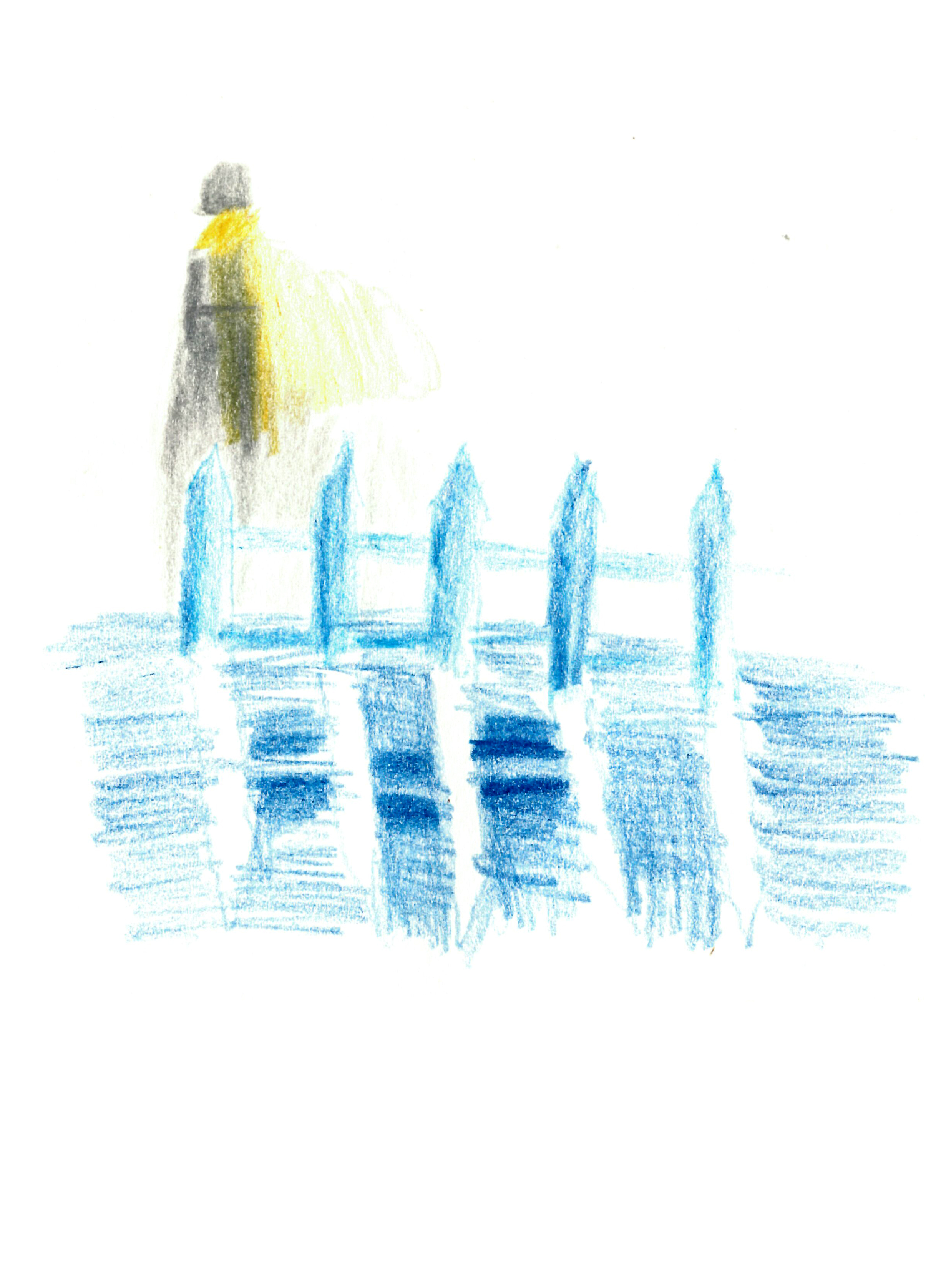 drawing in colored pencil of a lighthouse in the background casting shadows from a picket fence half-submerged in water