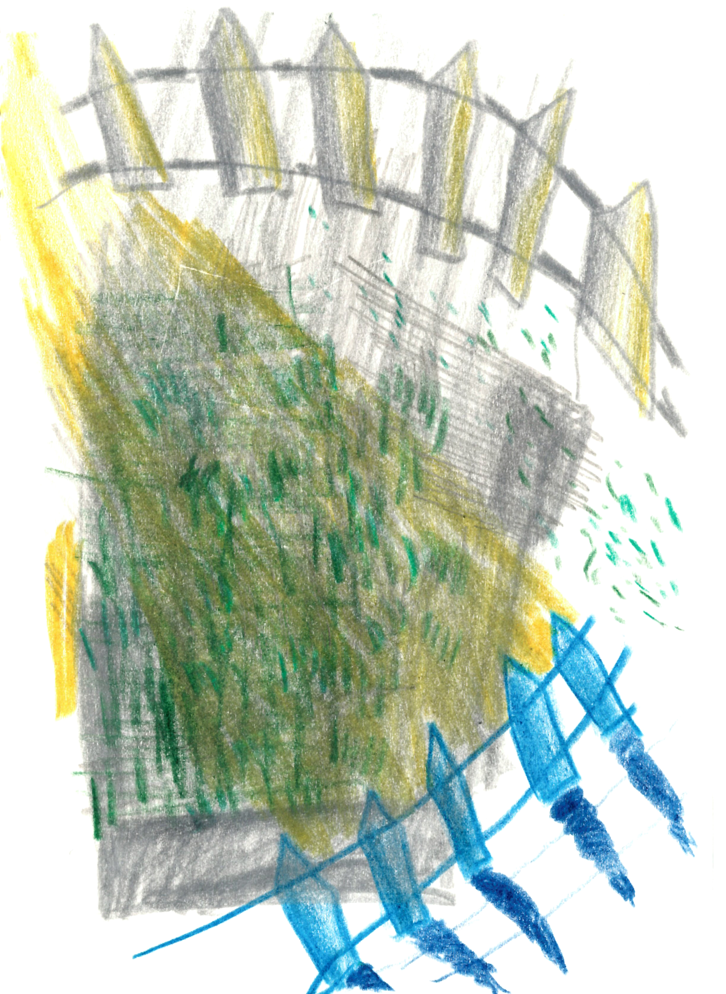 drawing in colored pencil of two picket fences—one blue and one grey—facing each other with a patch of grass between them and a yellow light casting shadows throughout