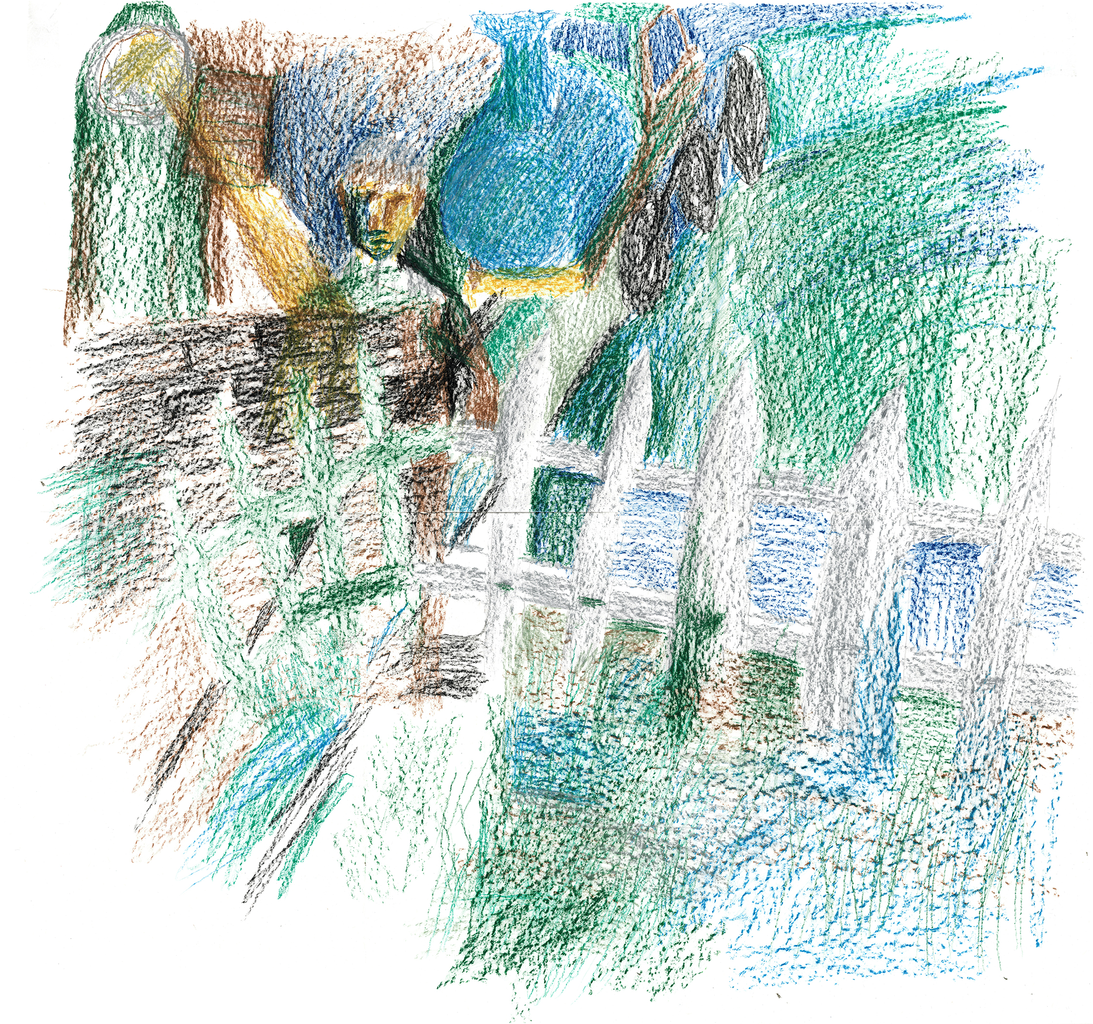 drawing in colored pencil of a picket fence with a locomotive approaching from the background, and a male figure illuminated by a yellow light standing behind the fence