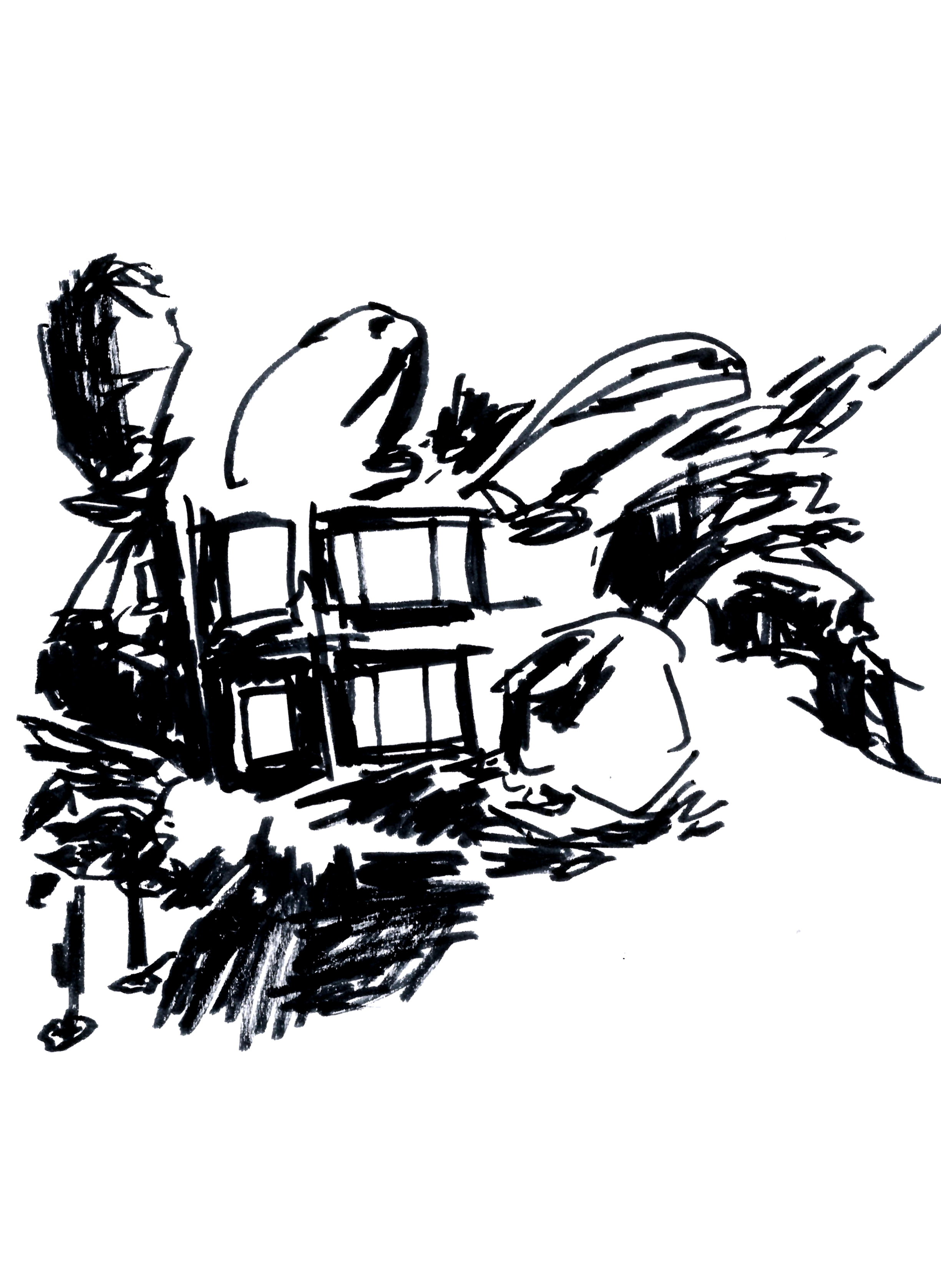 drawing in black marker of a four-windowed shack next to a cave and surrounded by greenery