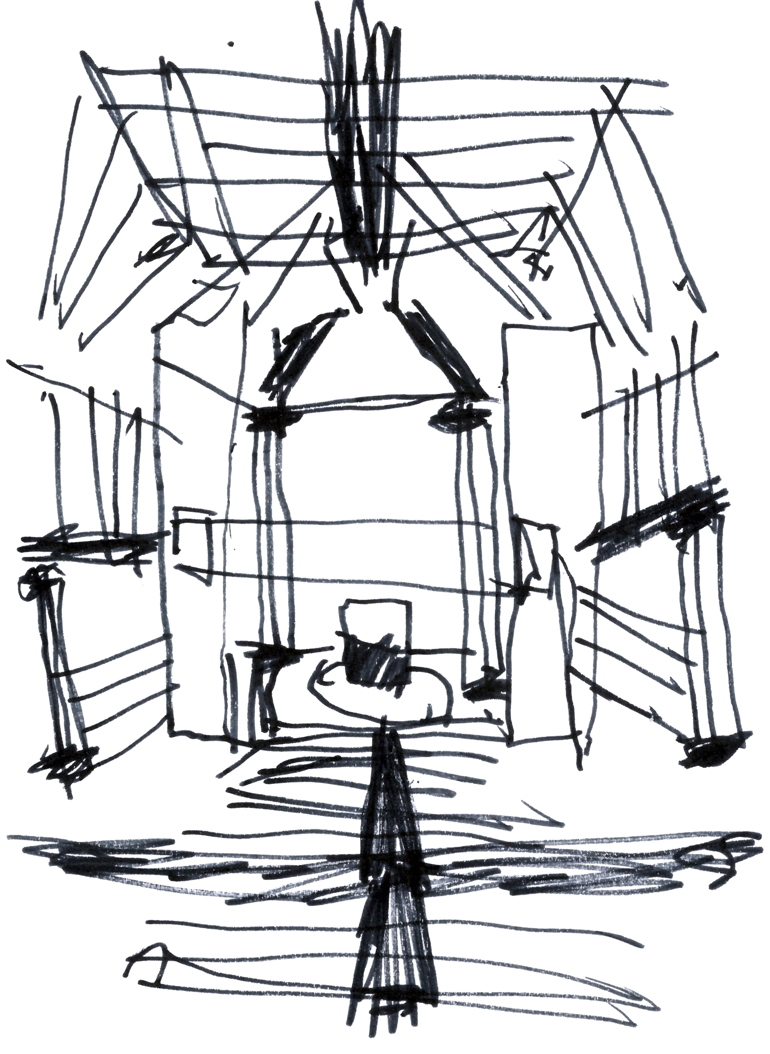 drawing in black marker of a cathedral interior with am altar in the middle
