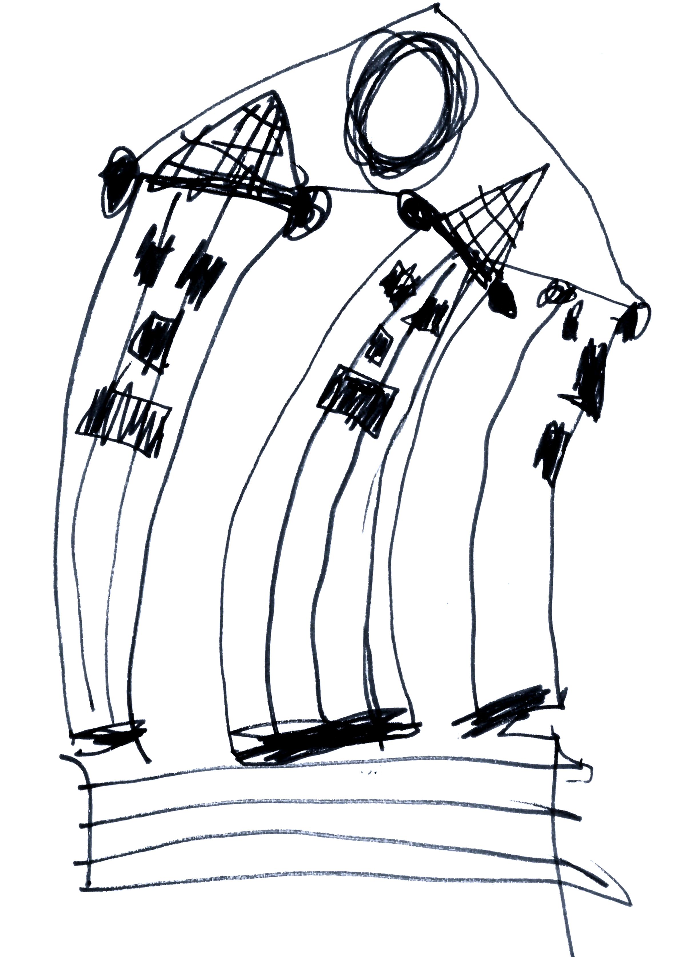 drawing in black marker of three columns supporting a pediment, where each column has a face and a pained expression