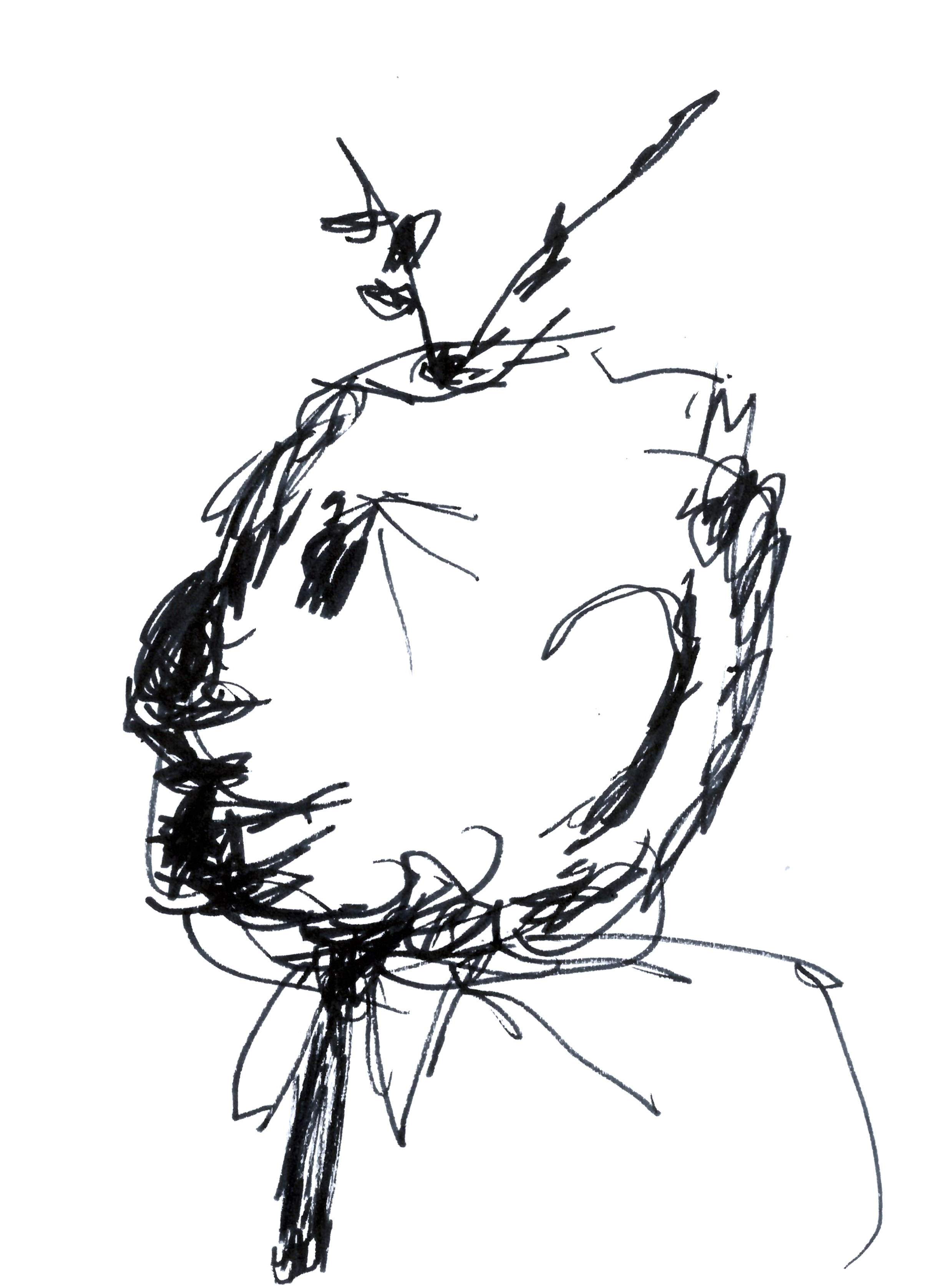 drawing in black marker of a figure in profile with a dark nose and two twigs coming out of his head