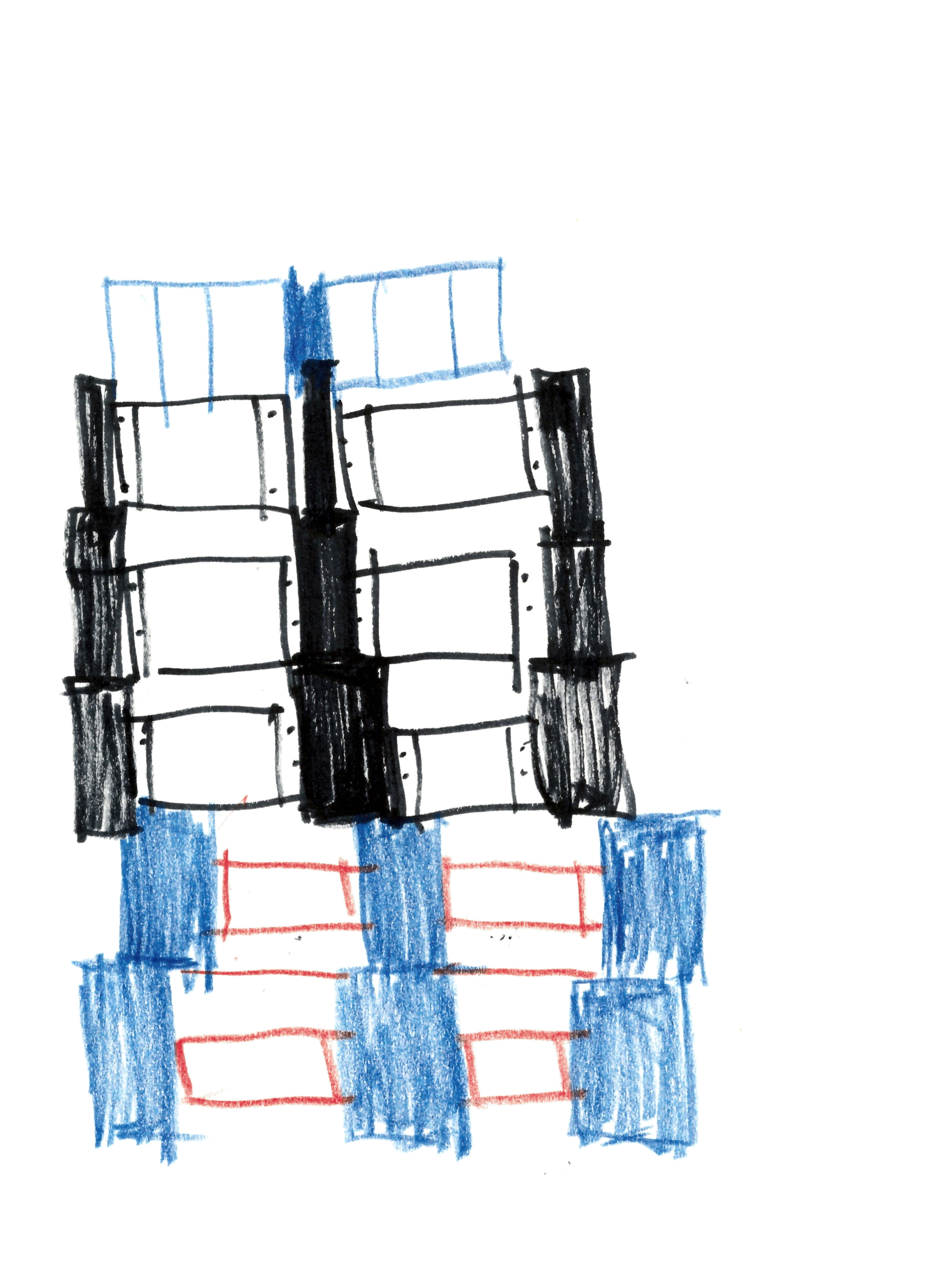drawing in black, red, and blue of some stacked boxes shifting as they move upwards
