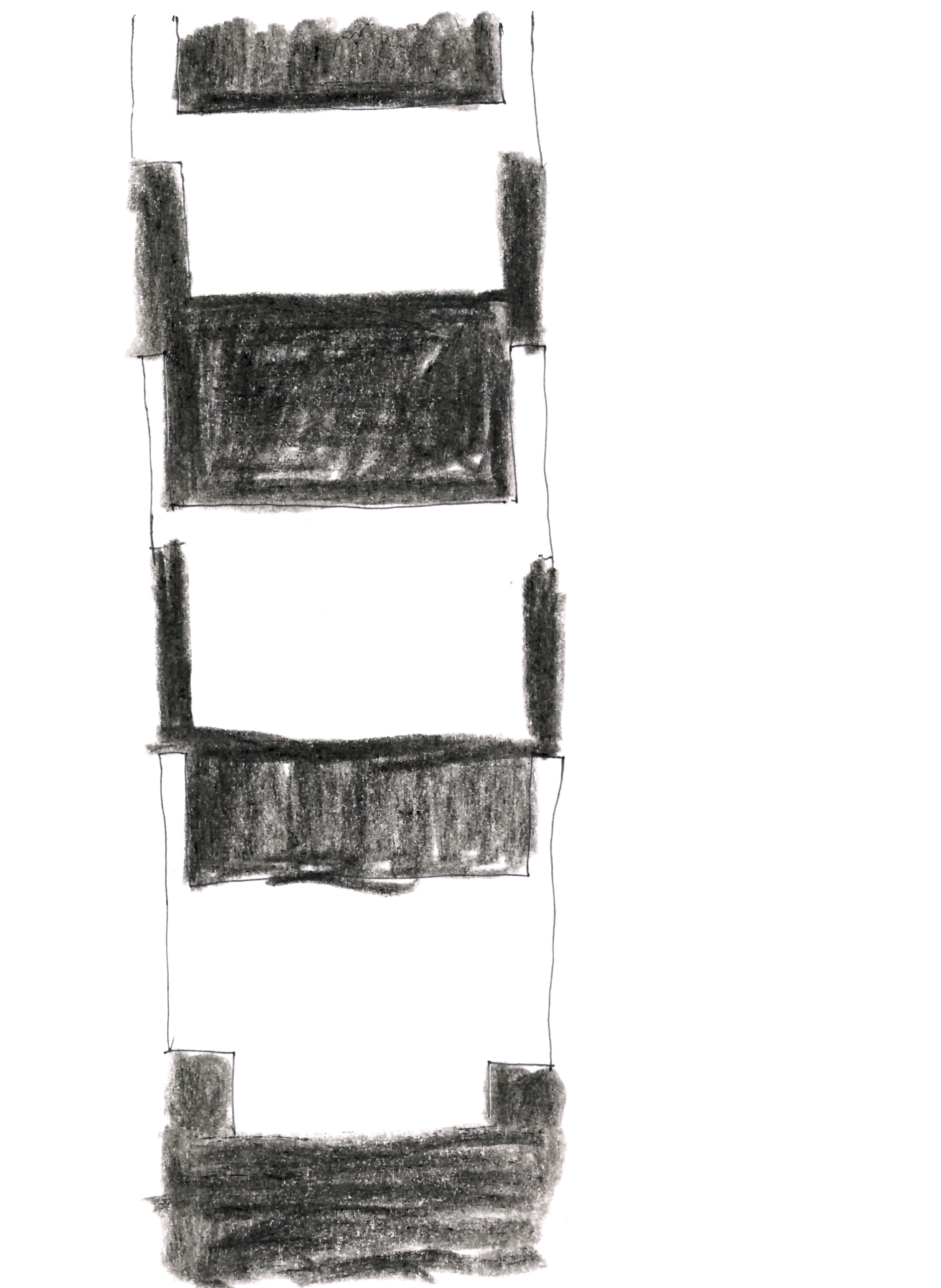 drawing in colored pencil of stacked white and black blocks which interlock at their edges