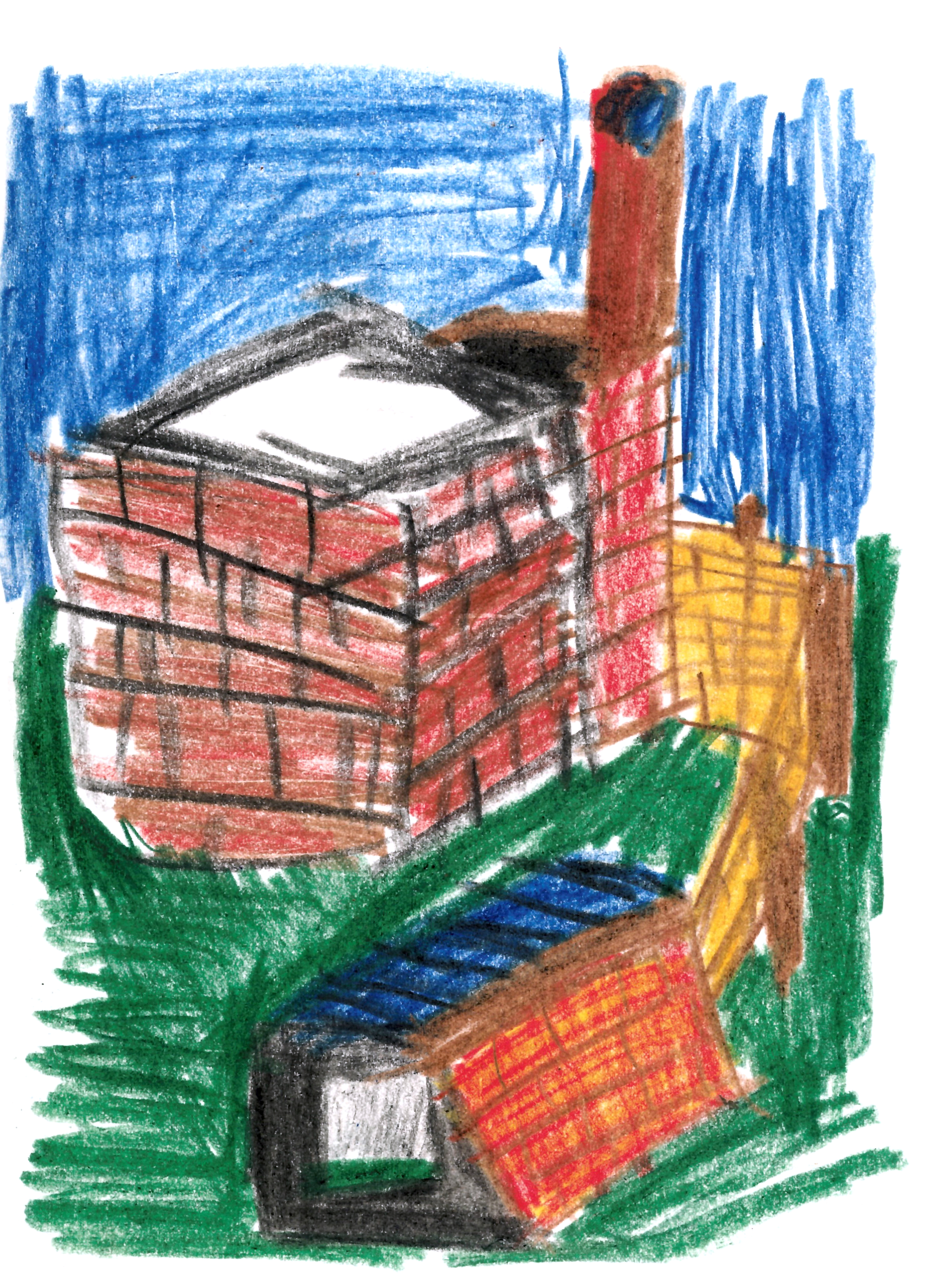 drawing in colored pencil of a red-brick box with a smokestack and a small hut in front enclosing a grassy courtyard