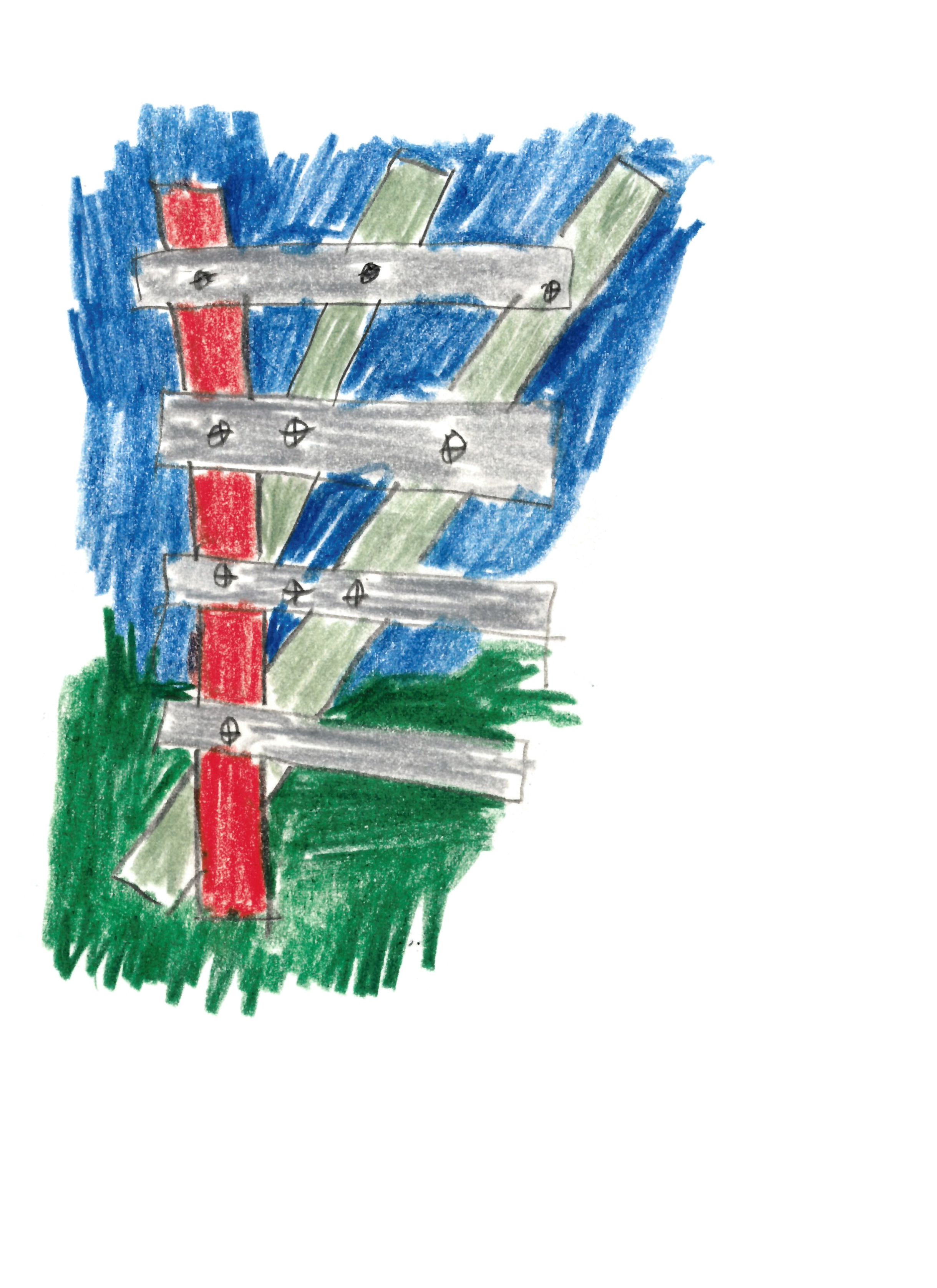 drawing in colored pencil of seven planks bolted together at the intersections on a grassy field beneath a blue sky