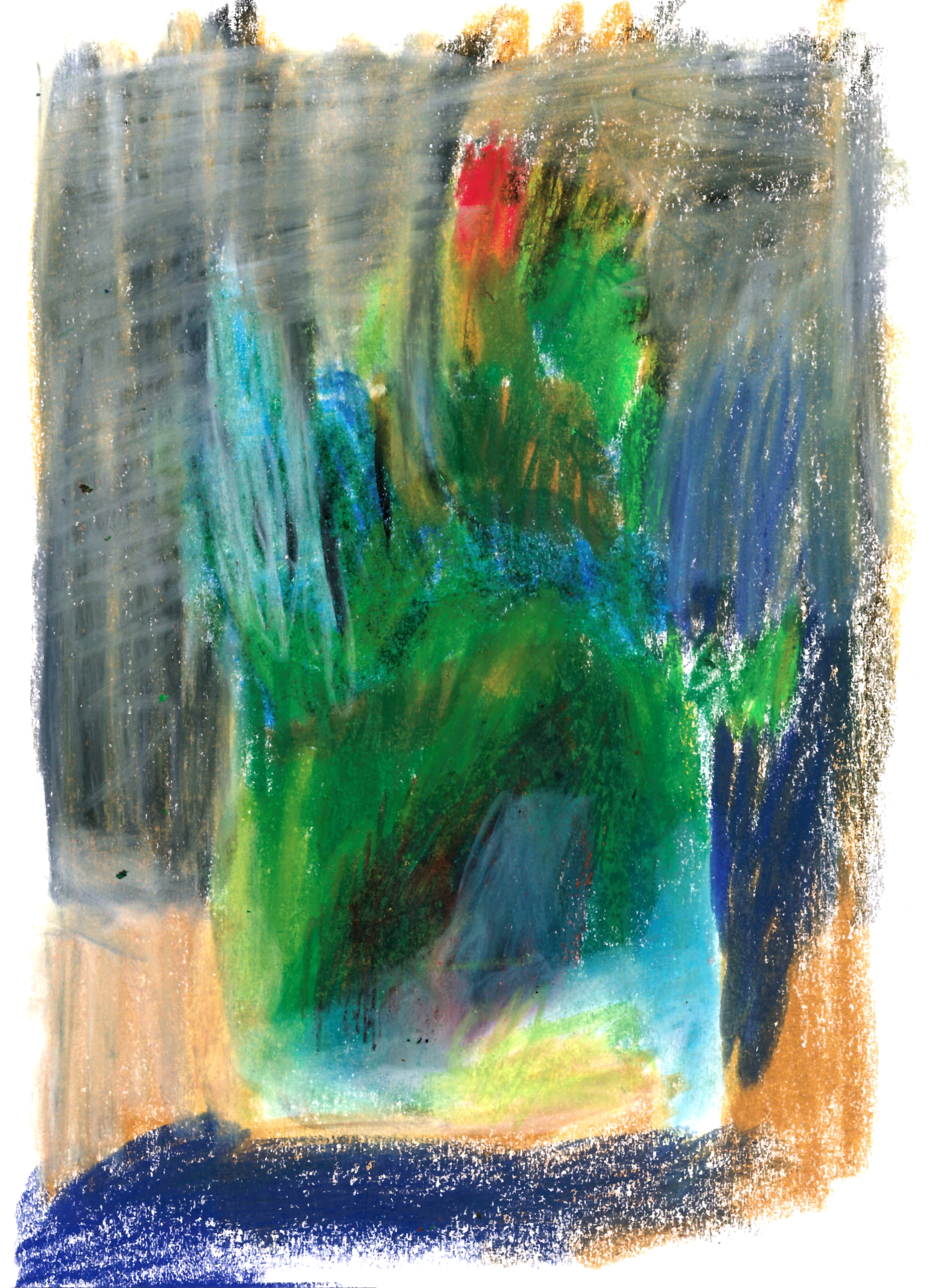 drawing in colored pencil of a bouquet of flowers on a table over a grey background