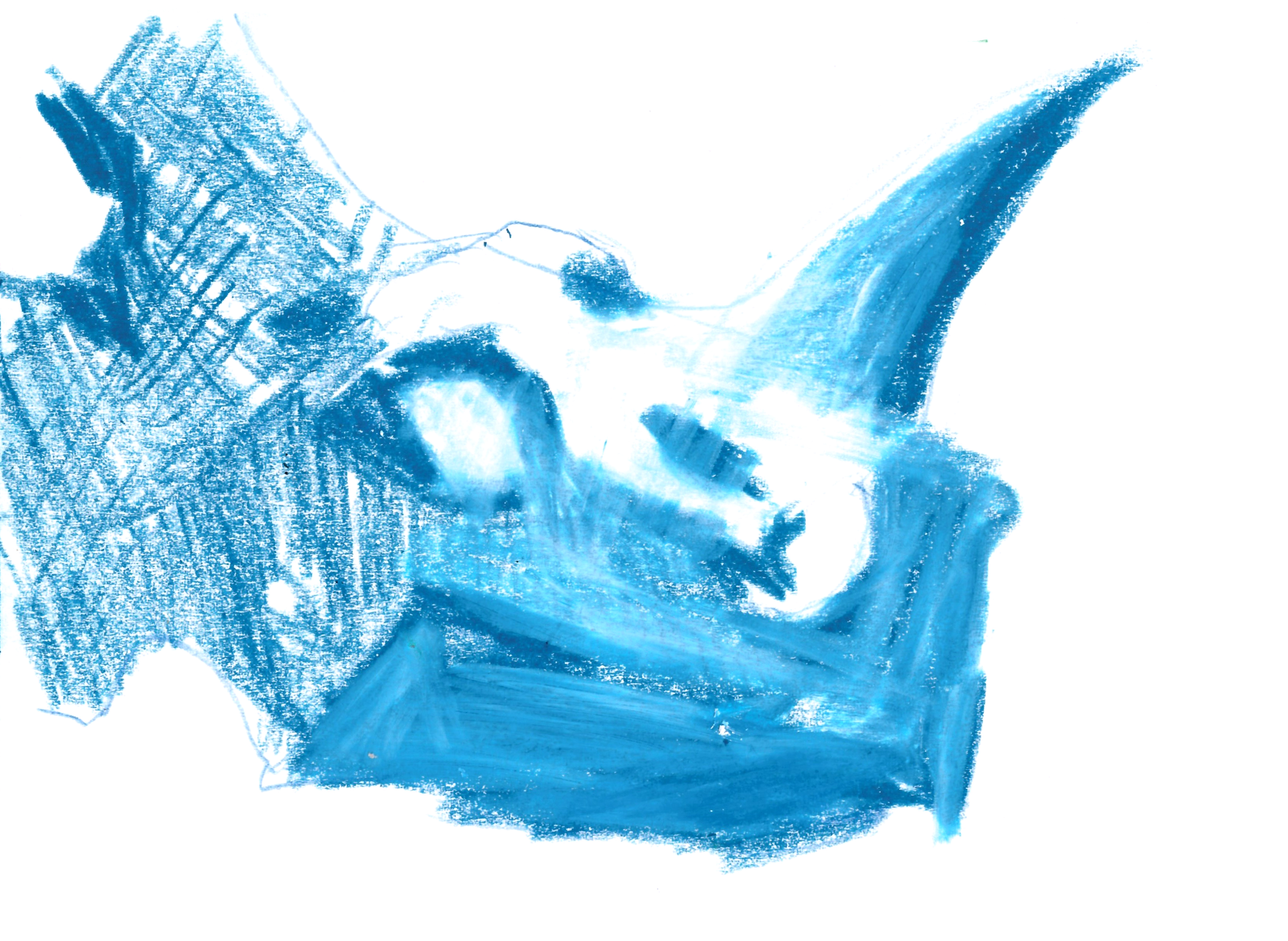 drawing in blue colored pencil of a dinosaur skull with a horn, a large jaw, and a white eye