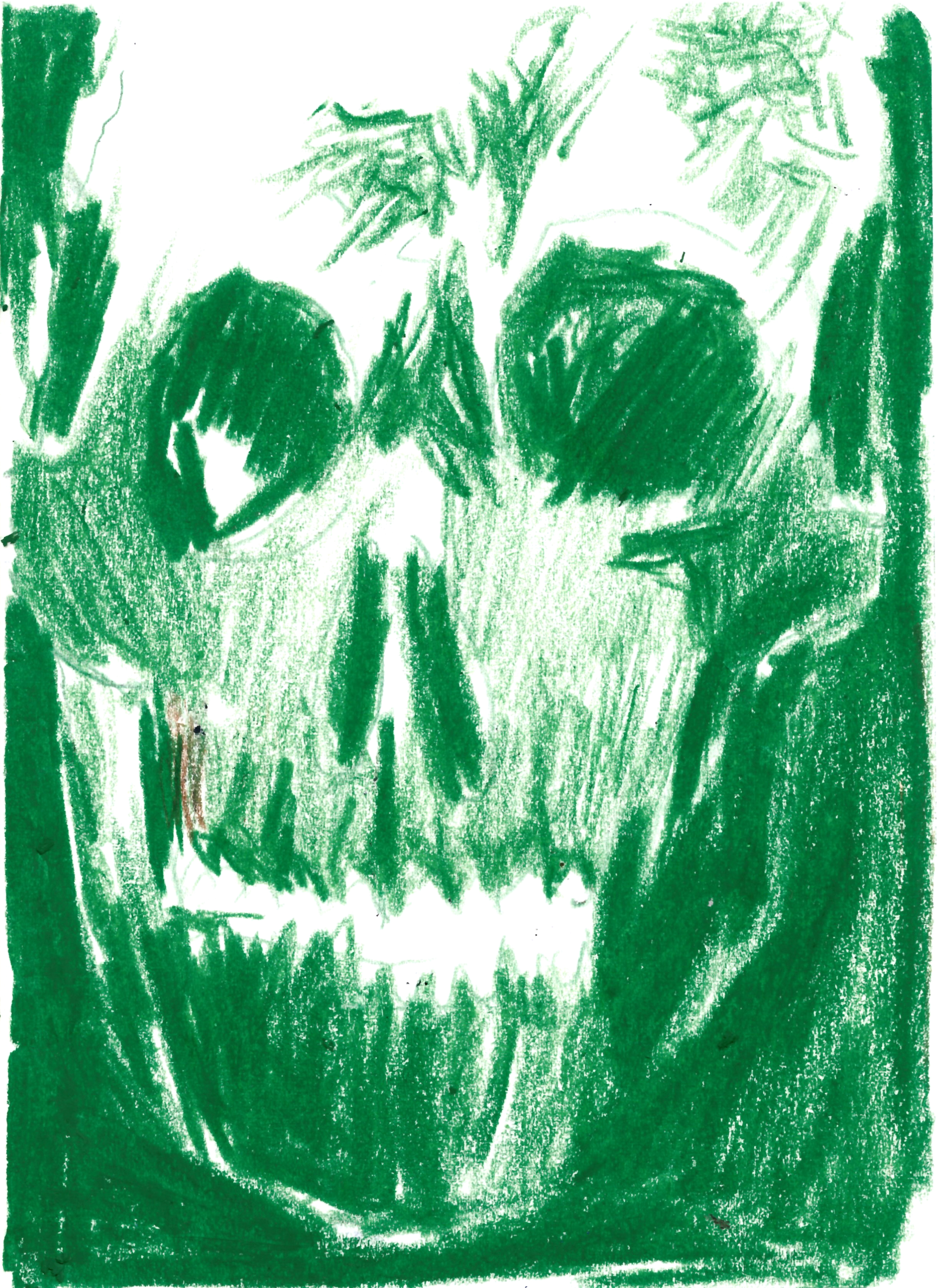 drawing in green colored pencil of a human skull with its mouth slightly agape