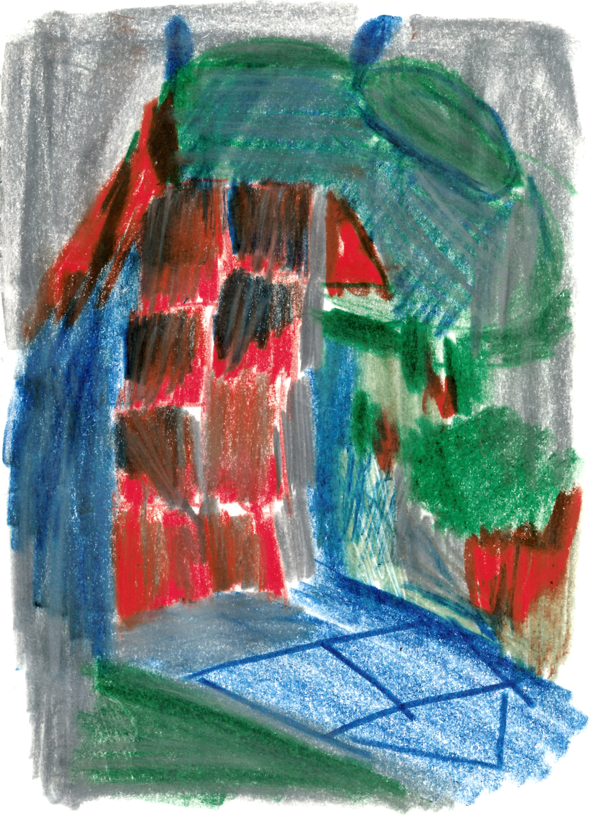 drawing in colored pencil of a brick wall casting a blue shadow with a pitched roof