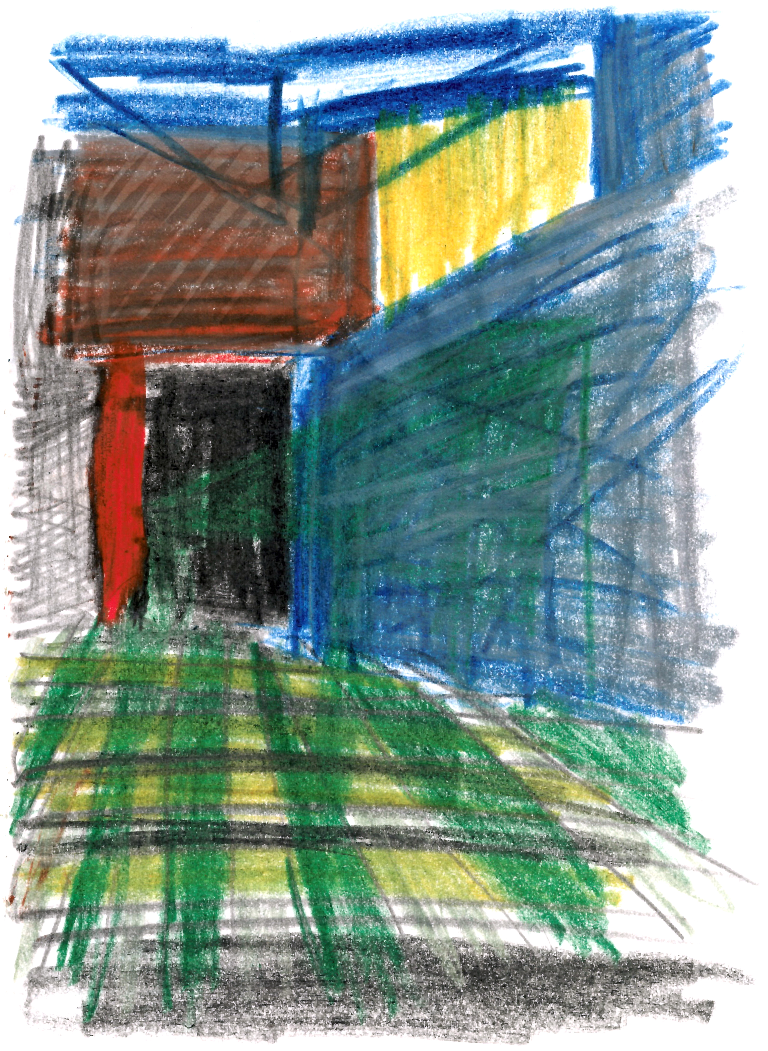 drawing in colored pencil of a green checkered floor, a blue and brown wall, and a yellow window
