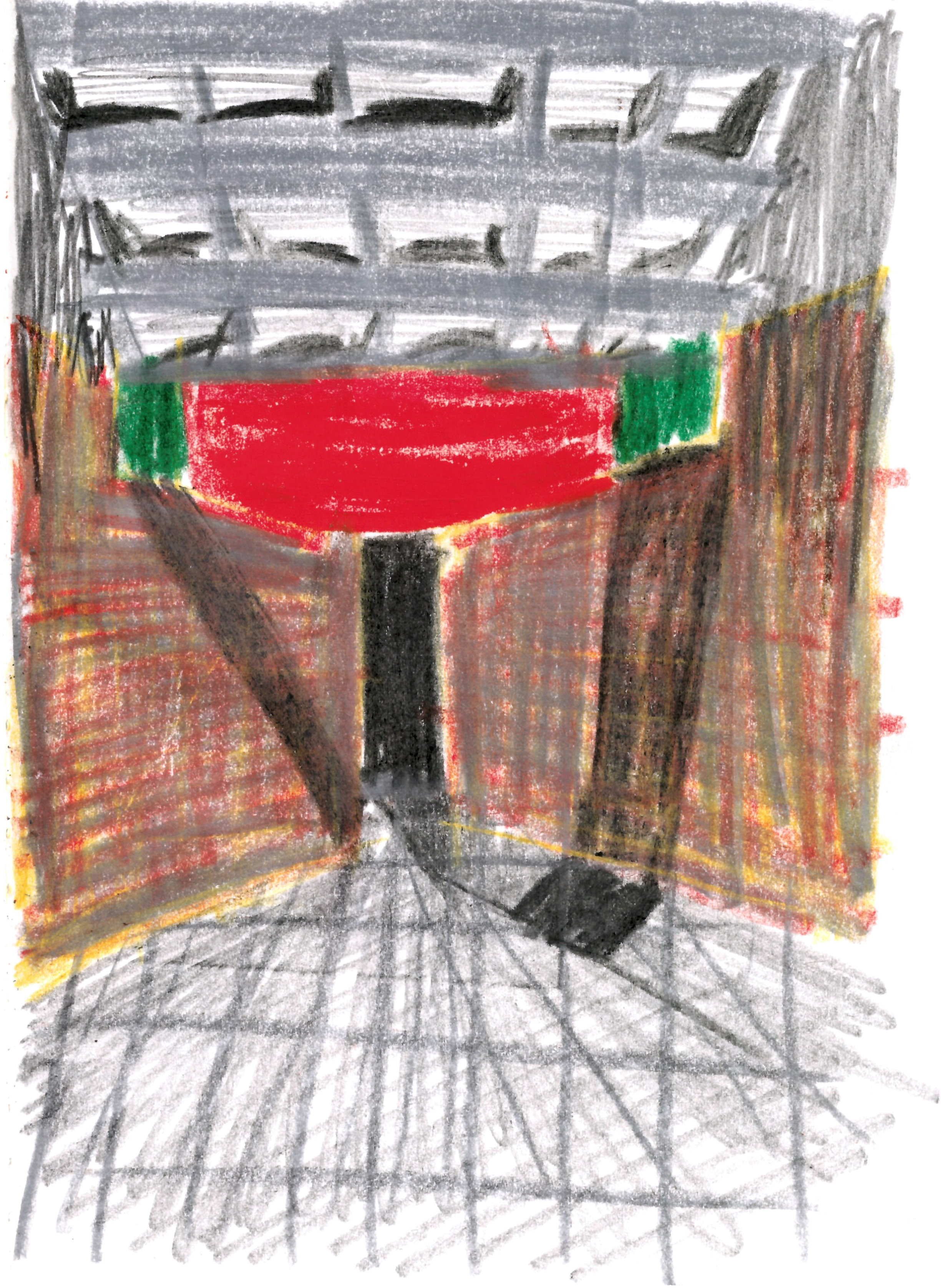 drawing in colored pencil of a receding black doorway surrounded by two brown walls and a red beam above