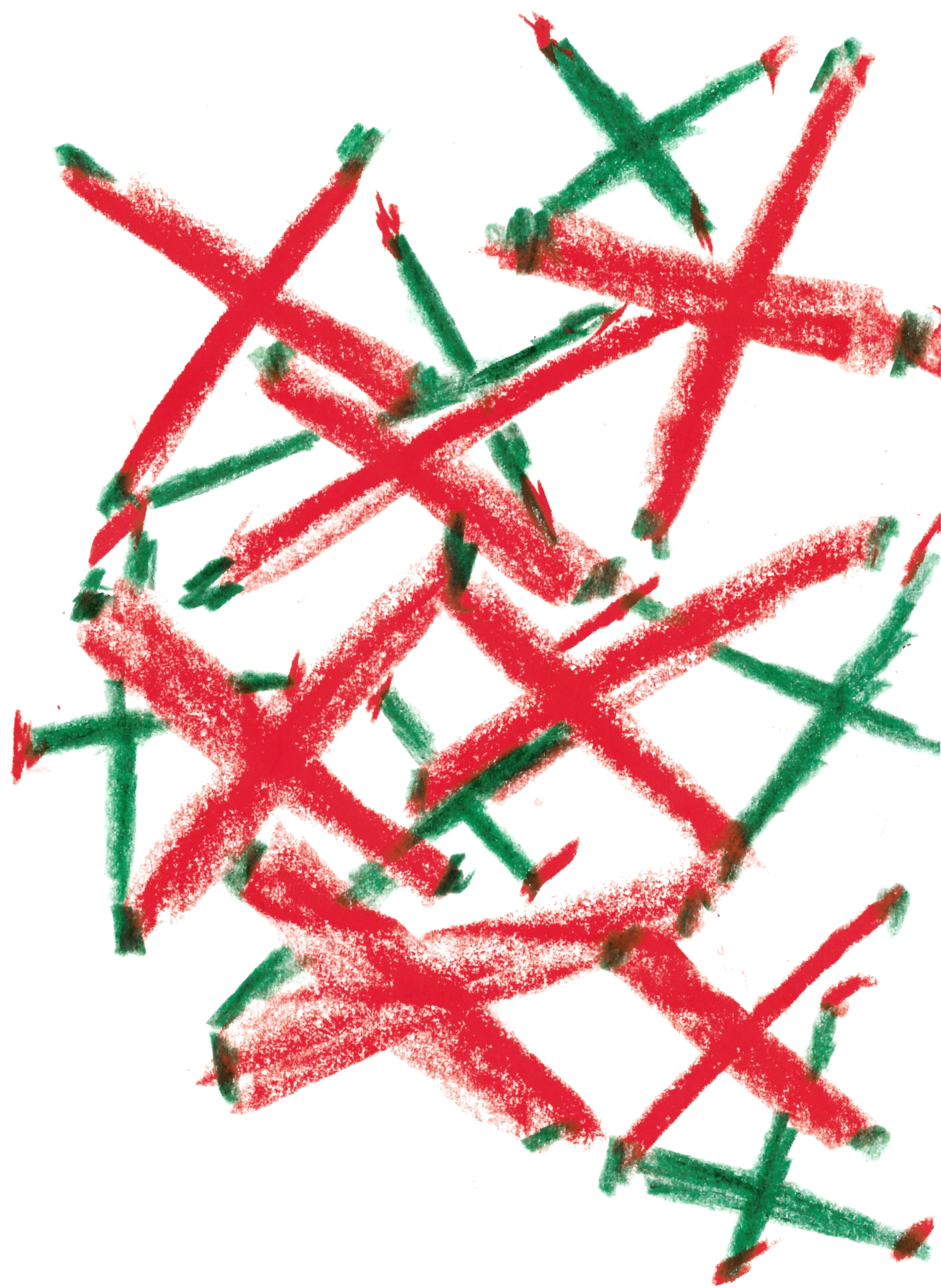 drawing in colored pencil of many overlapping crosses casting shadows opposite their colors