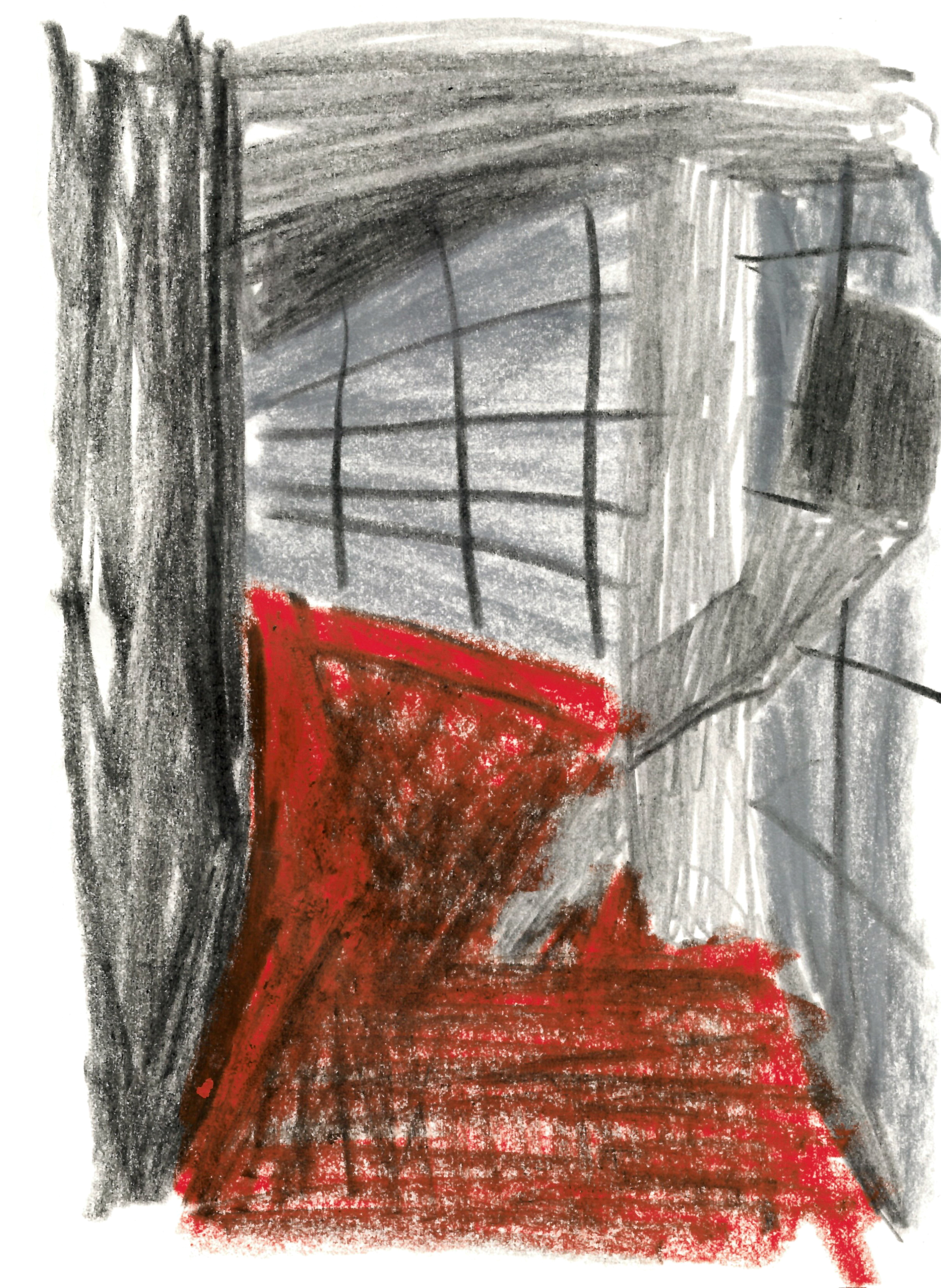 drawing in colored pencil of a curving grey hallway with a reddish floor