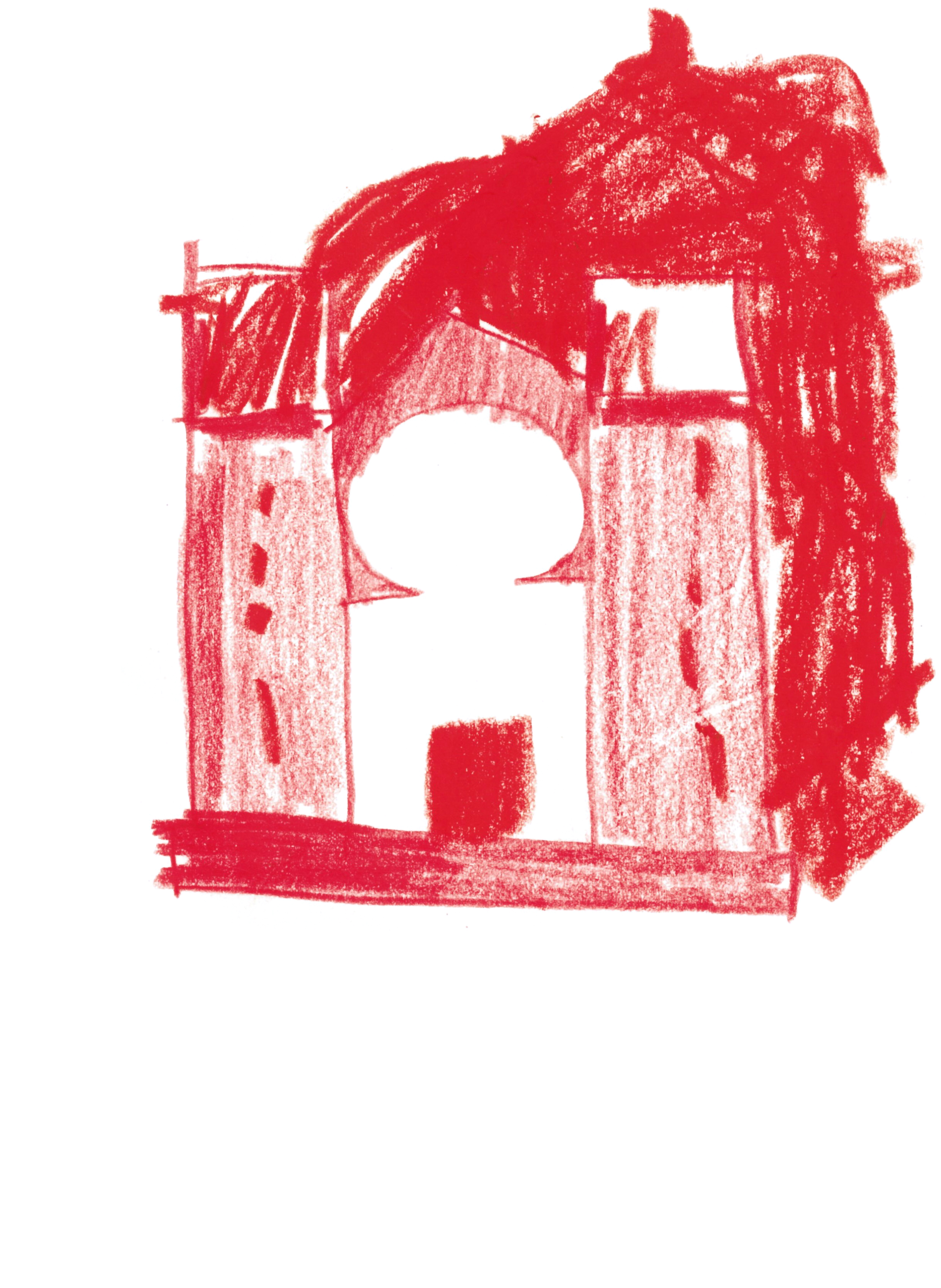drawing in colored pencil of a cathedral in red