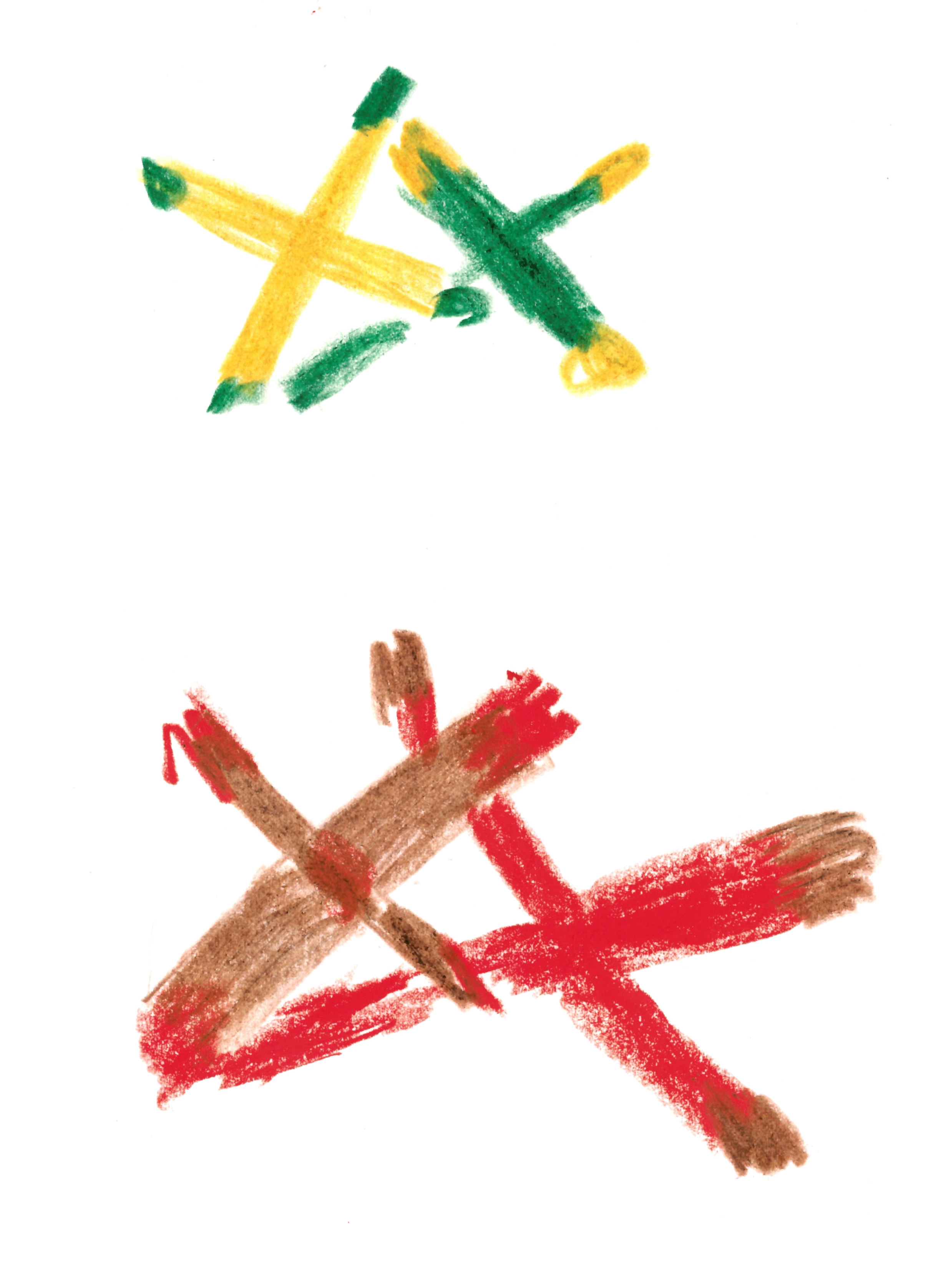 drawing in colored pencil of two crosses casting shadows opposite their colors