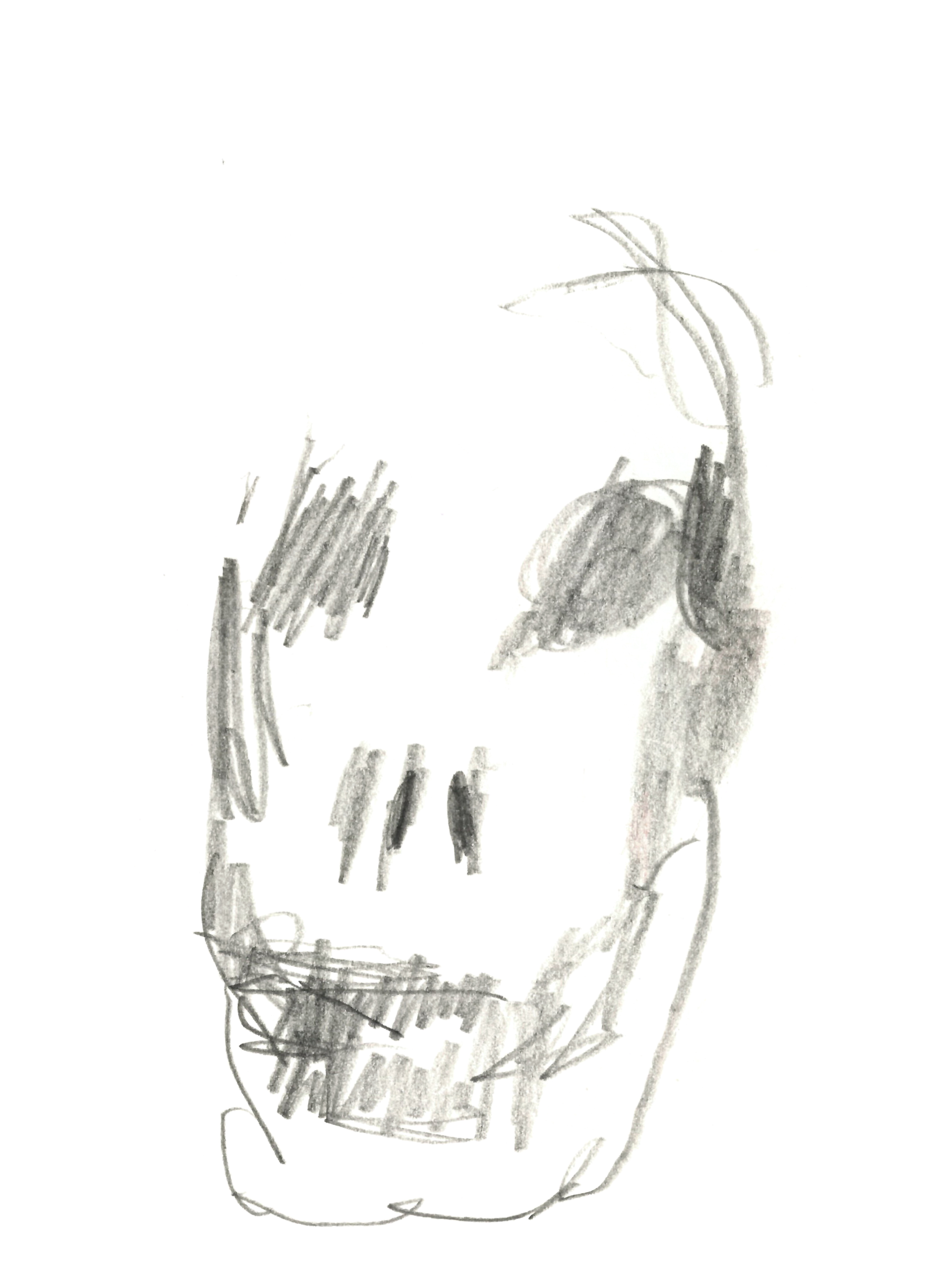 drawing in pencil of a human skull with dark eye-sockets and a jaw slightly agape