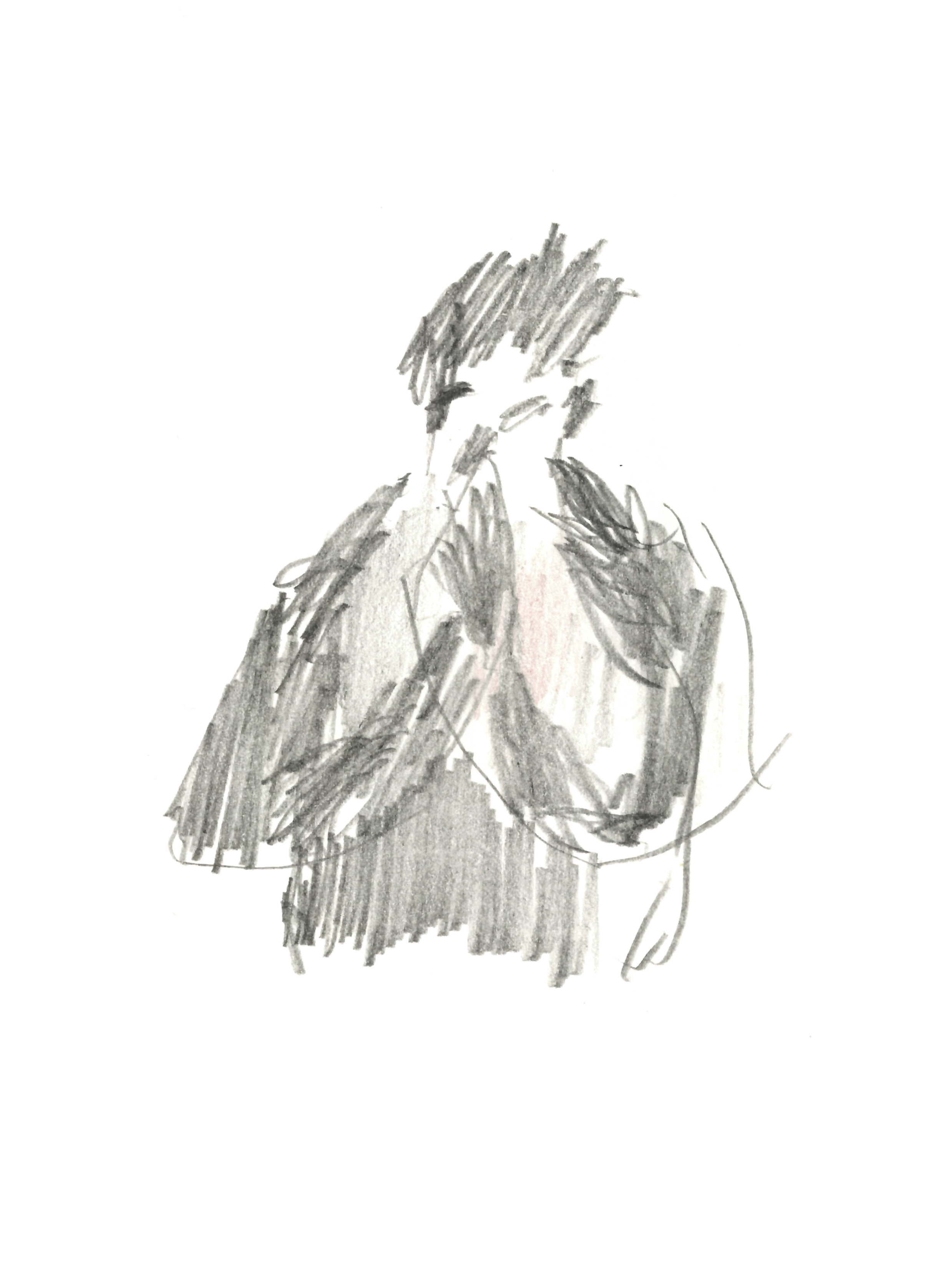 drawing in pencil of the upper half of a male figure with his hands clasped in prayer in front of his chest