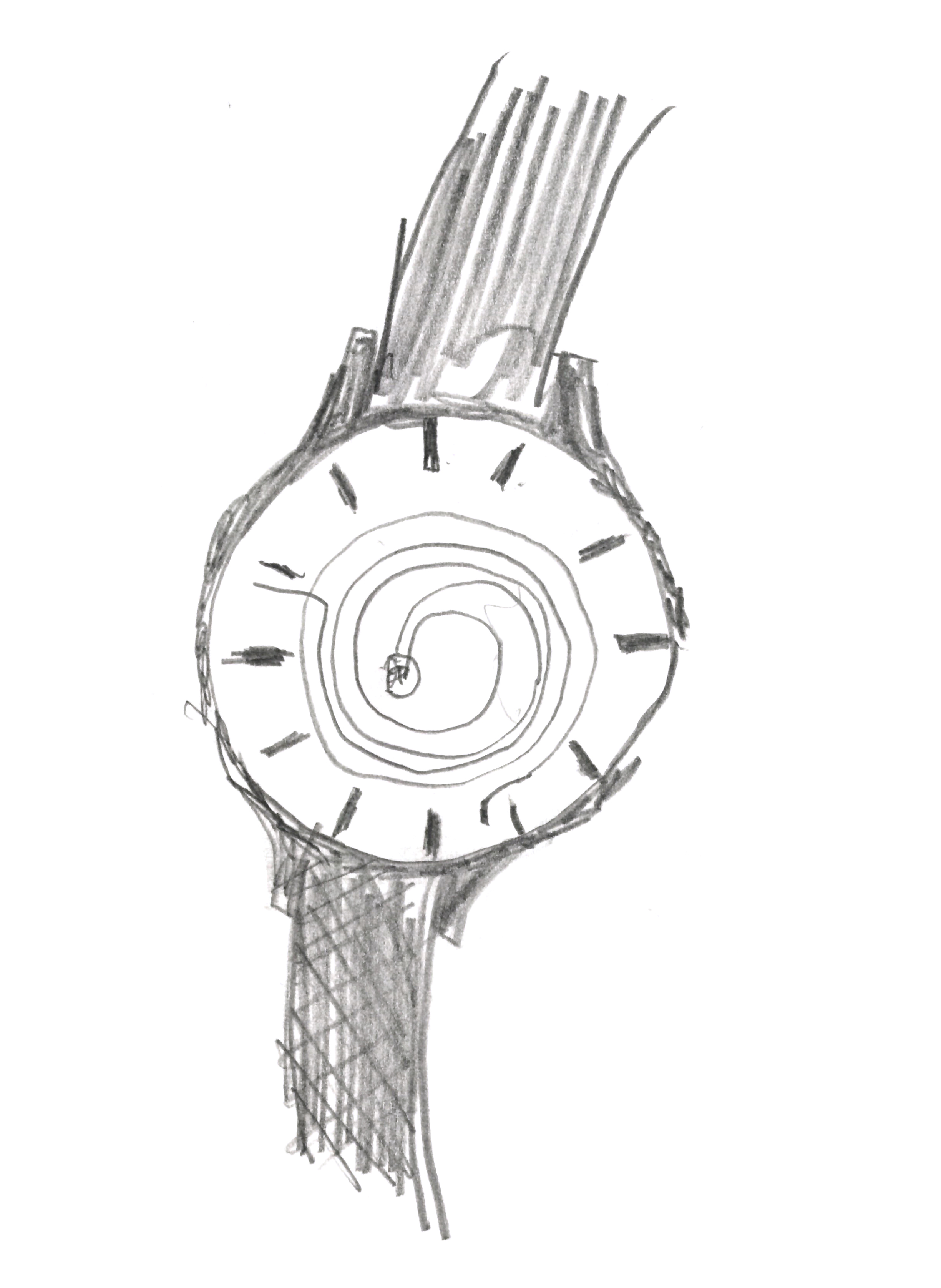 pencil drawing of a wristwatch with hour and minute hands spiraling outwards from the pivot