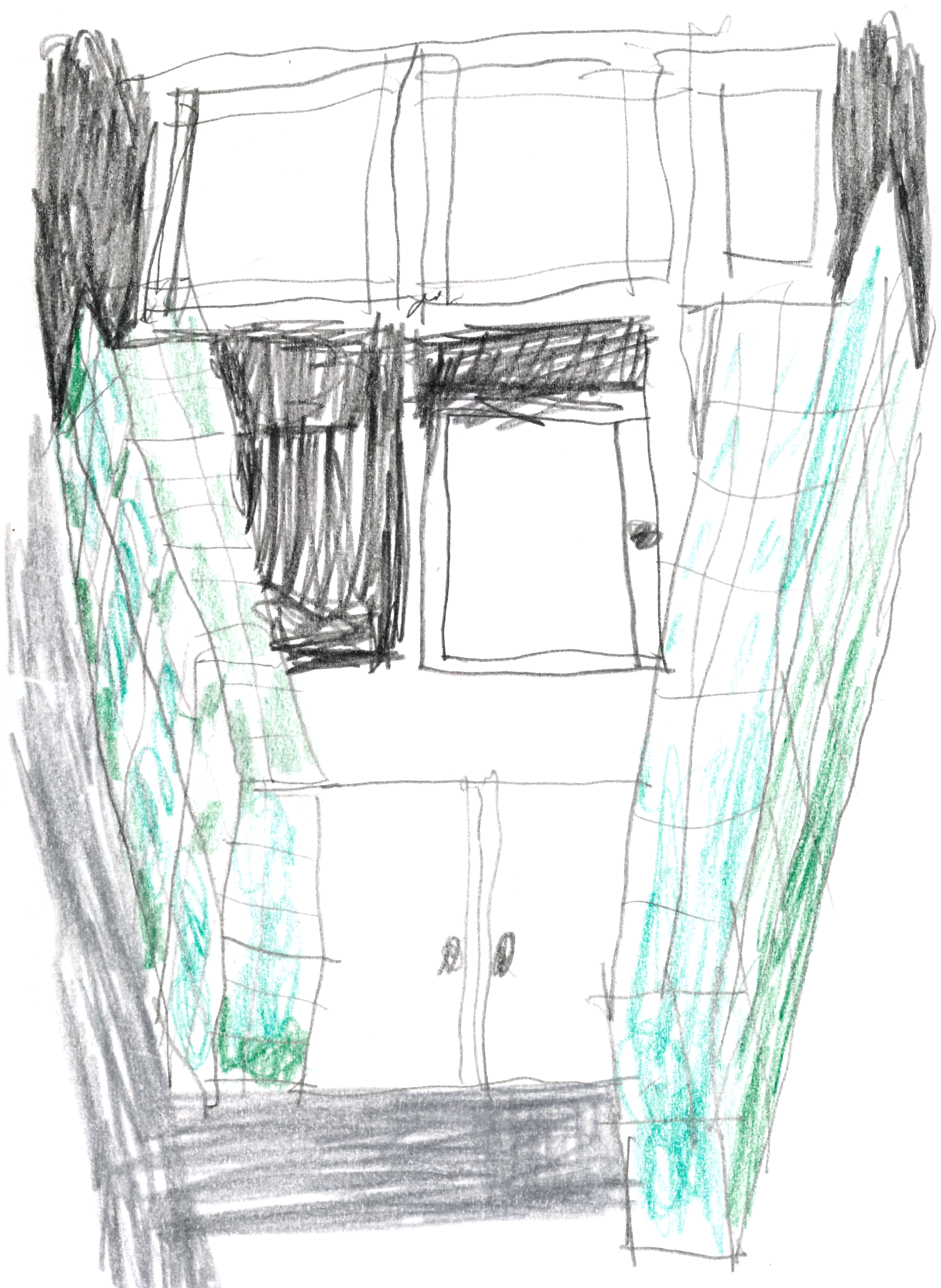 drawing in pencil of two receding green walls sandwiching a gate and sidewalk, some windows in the background
