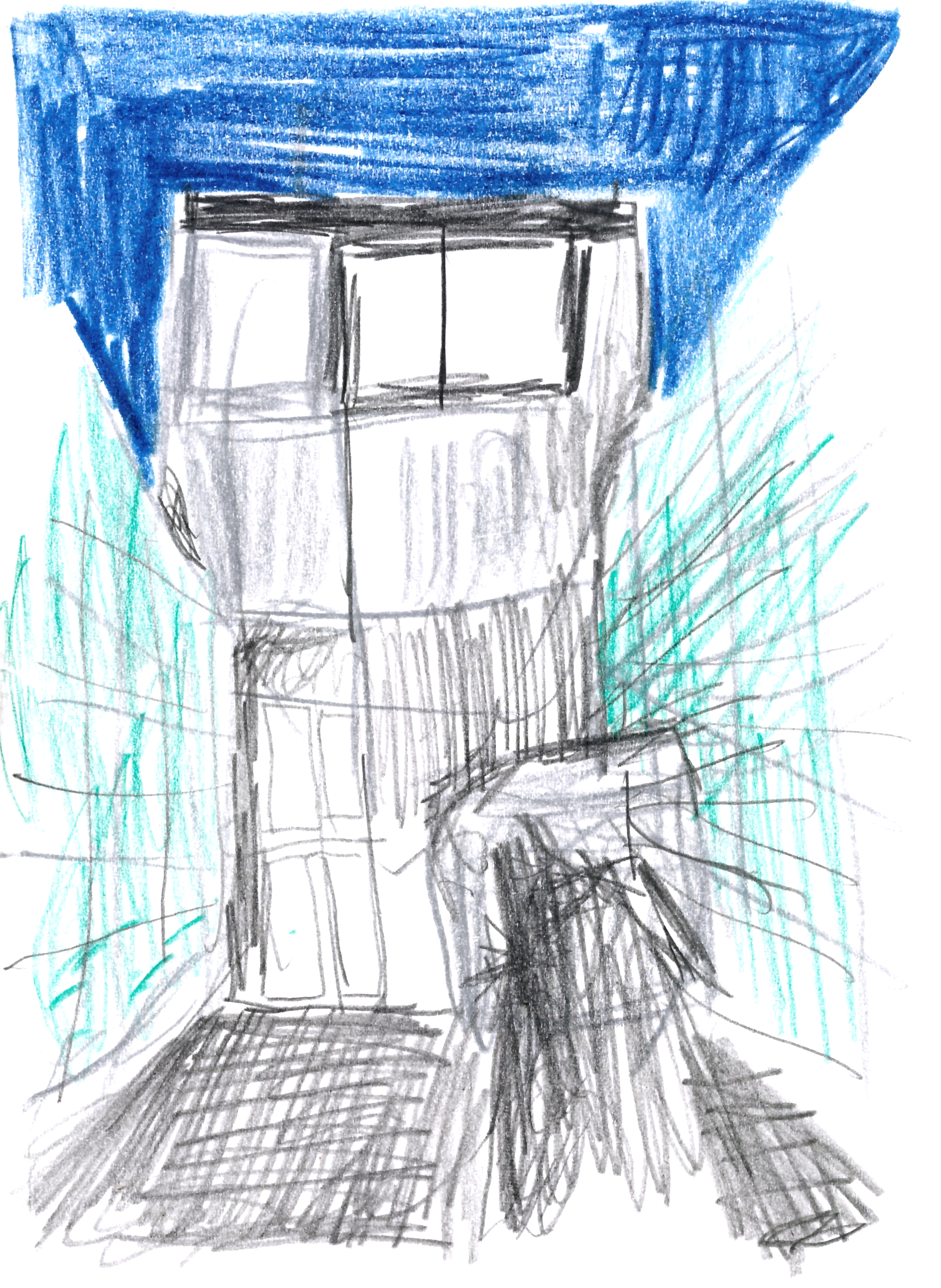 drawing in colored pencil of a perspectival view in a courtyard with two green walls on either side and a tower ahead beneath a deep blue sky