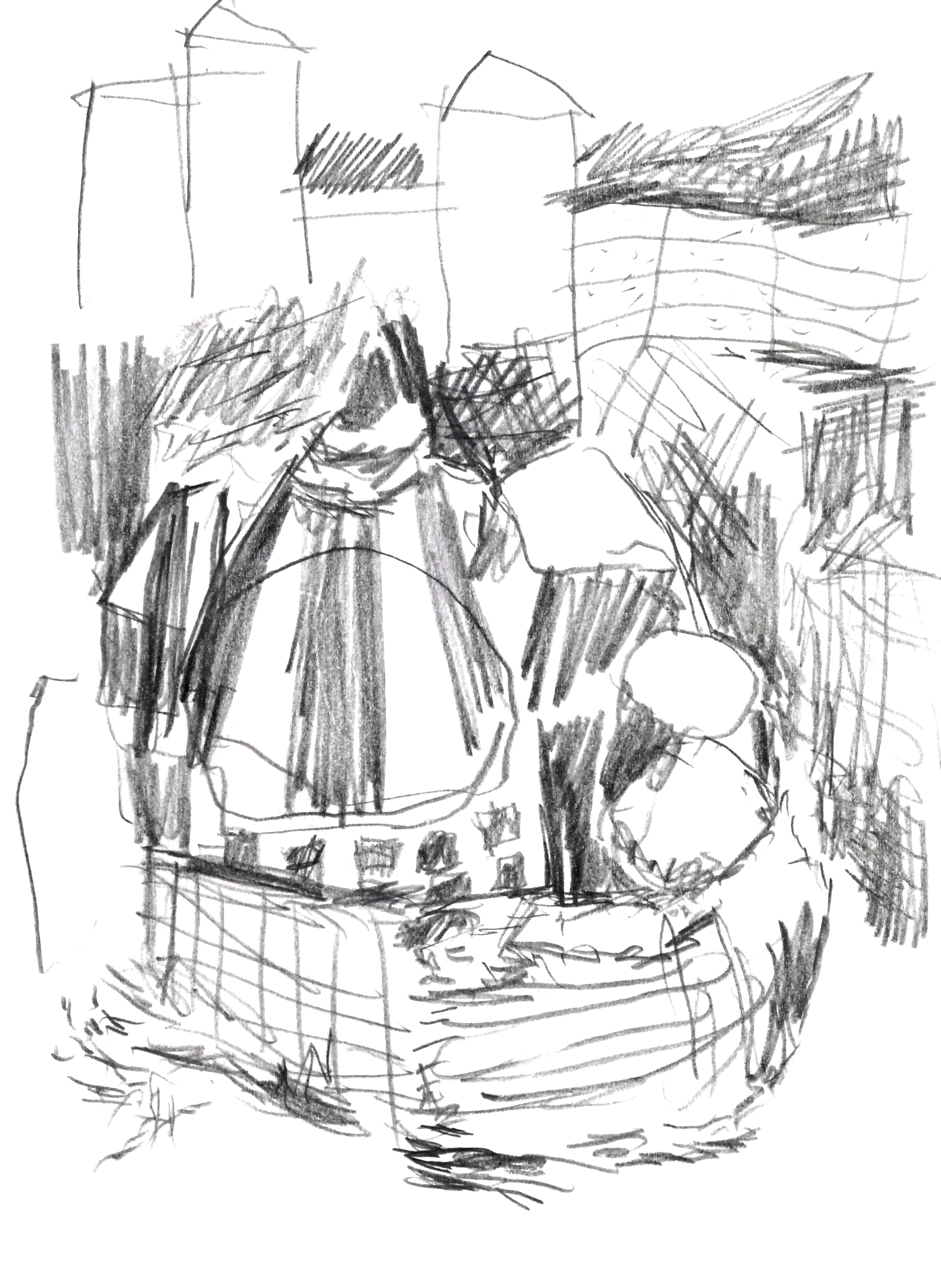 drawing in pencil of a medieval city with many walls, spires, and towers rising up in the foreground and background