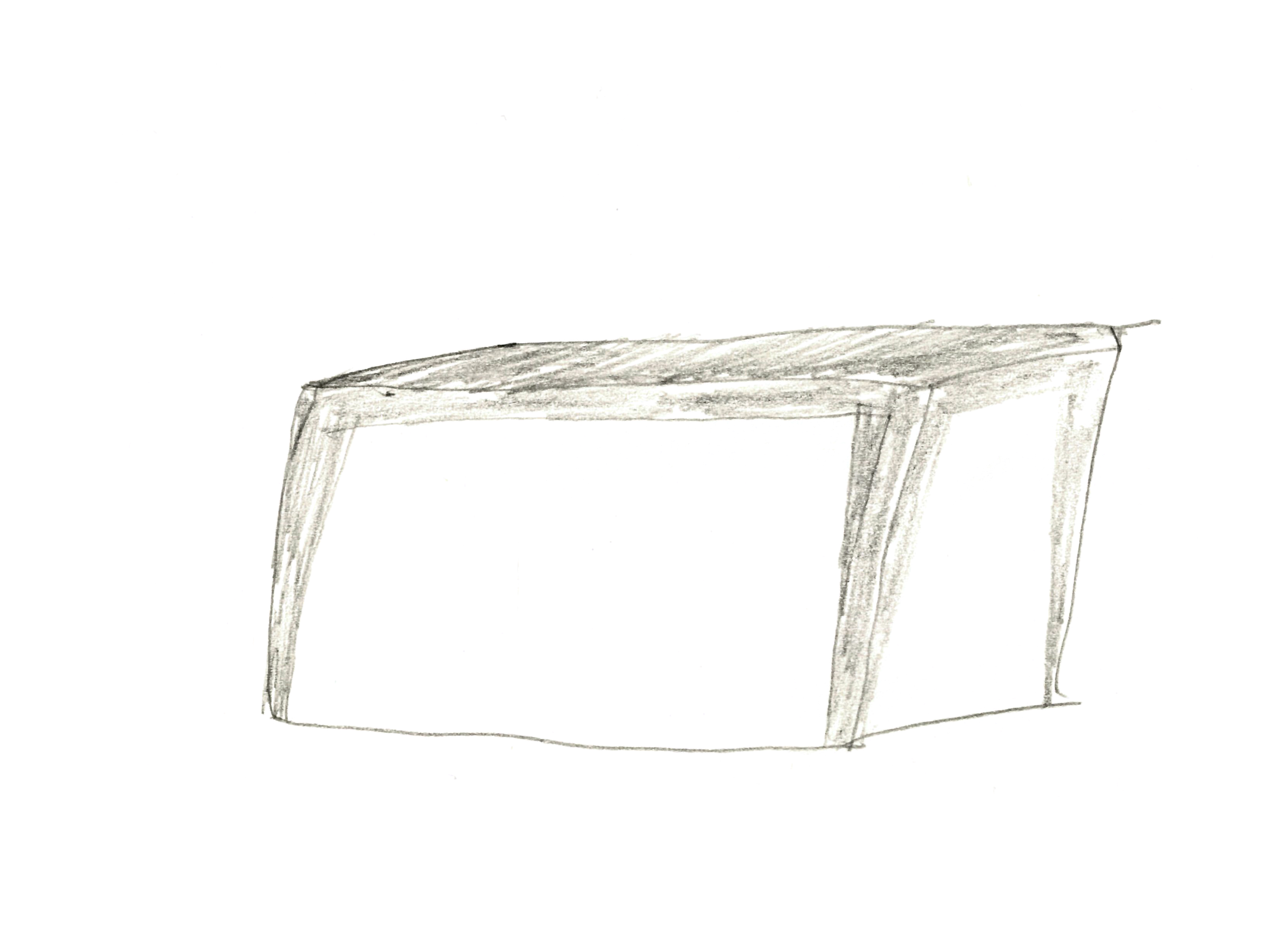 pencil drawing of a box with a table silhouette drawn on two faces visible from the front angle