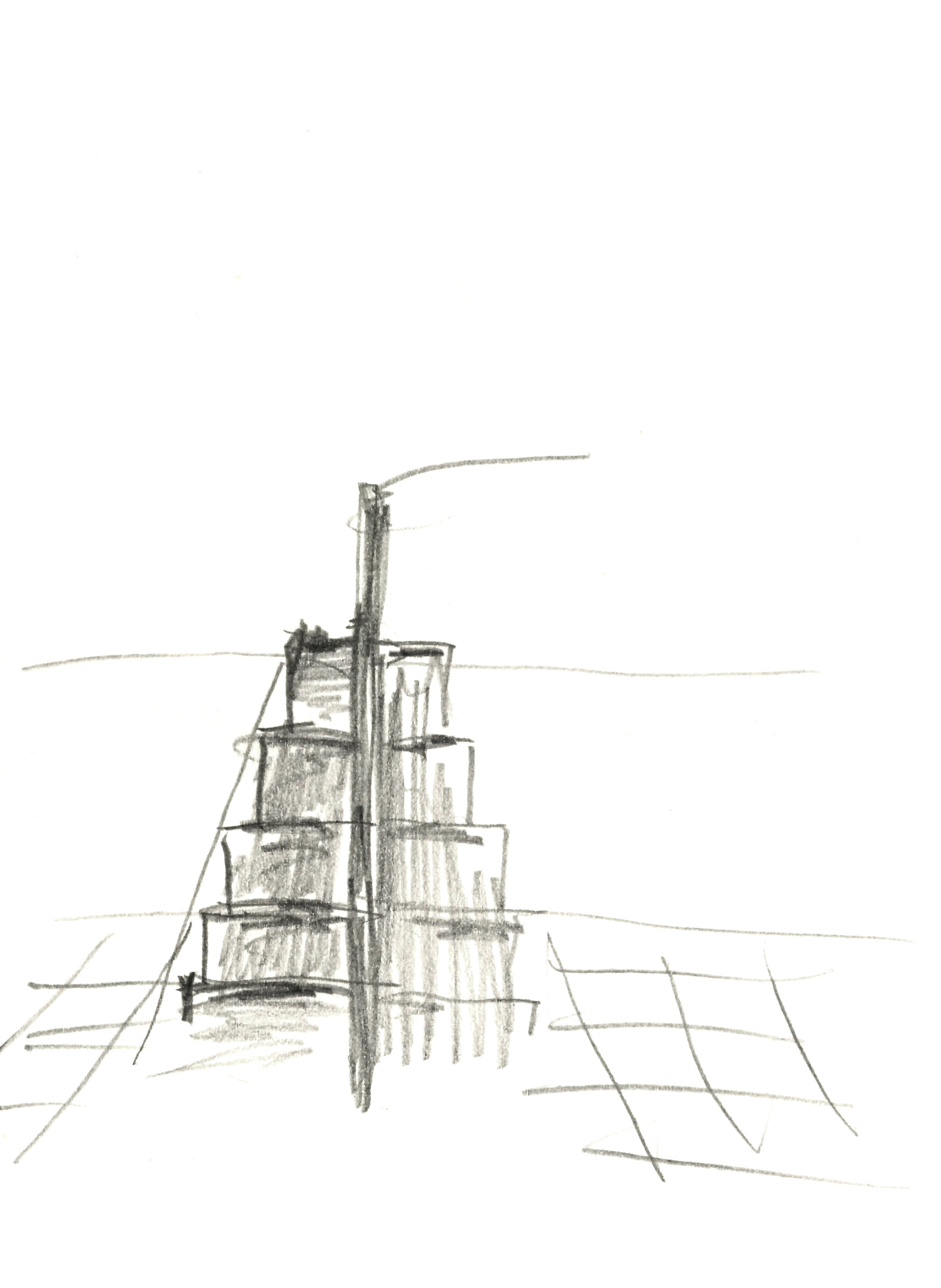 pencil drawing of a staircase on each side of a wall in perspective