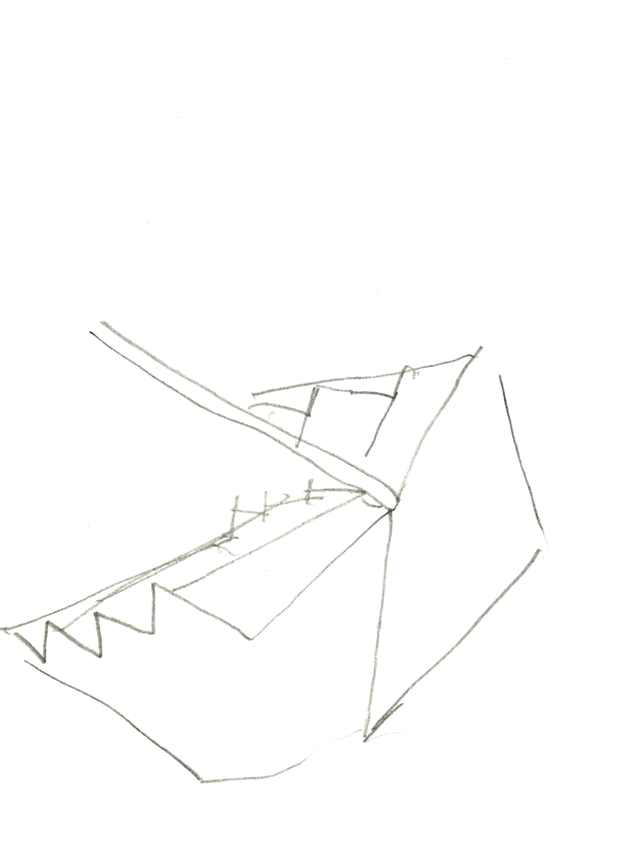 pencil drawing of a staircase on each side of a wall from above