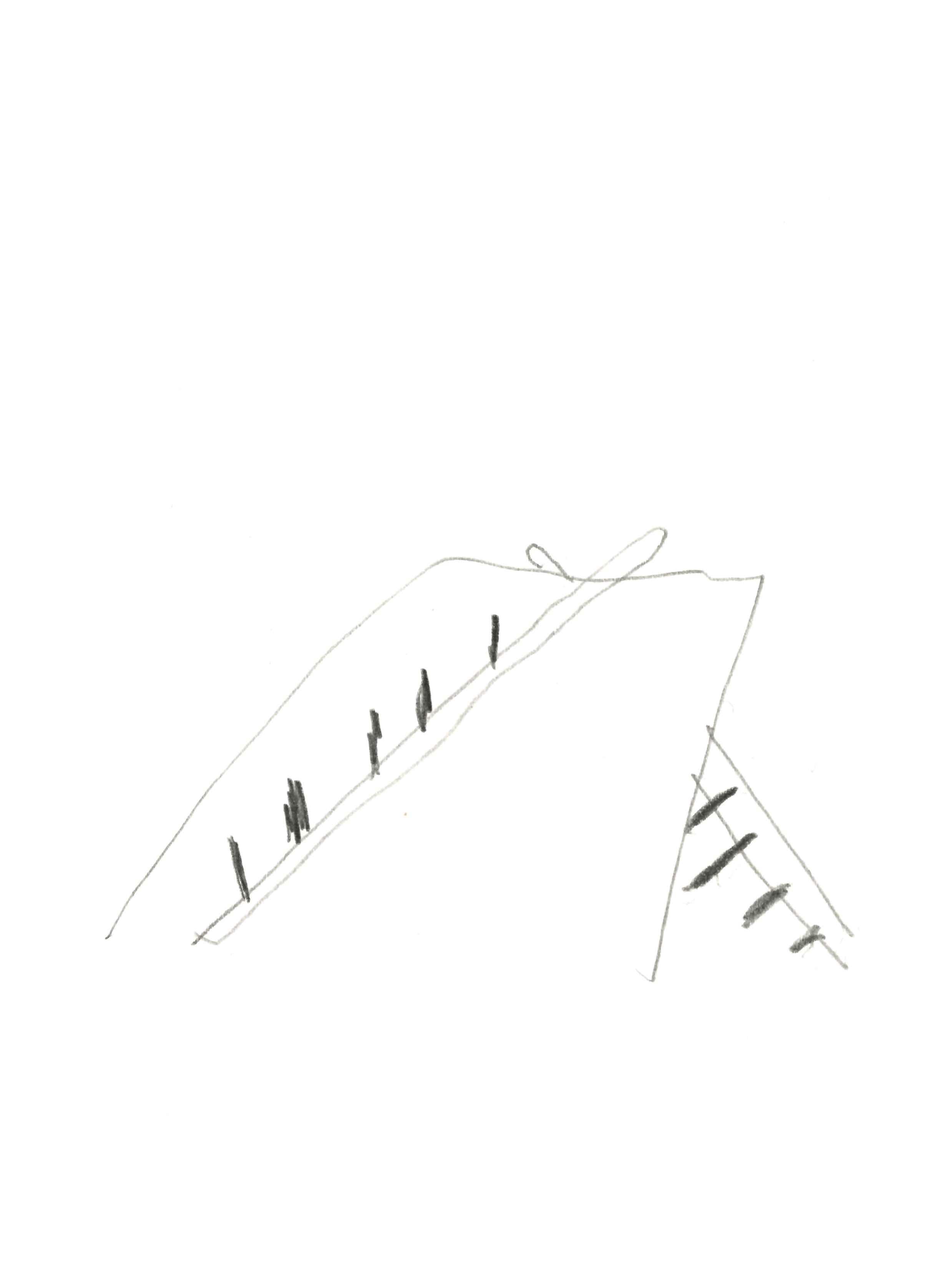 pencil drawing of a ladder split down the middle, and leaning in opposite directions on each side of a wall