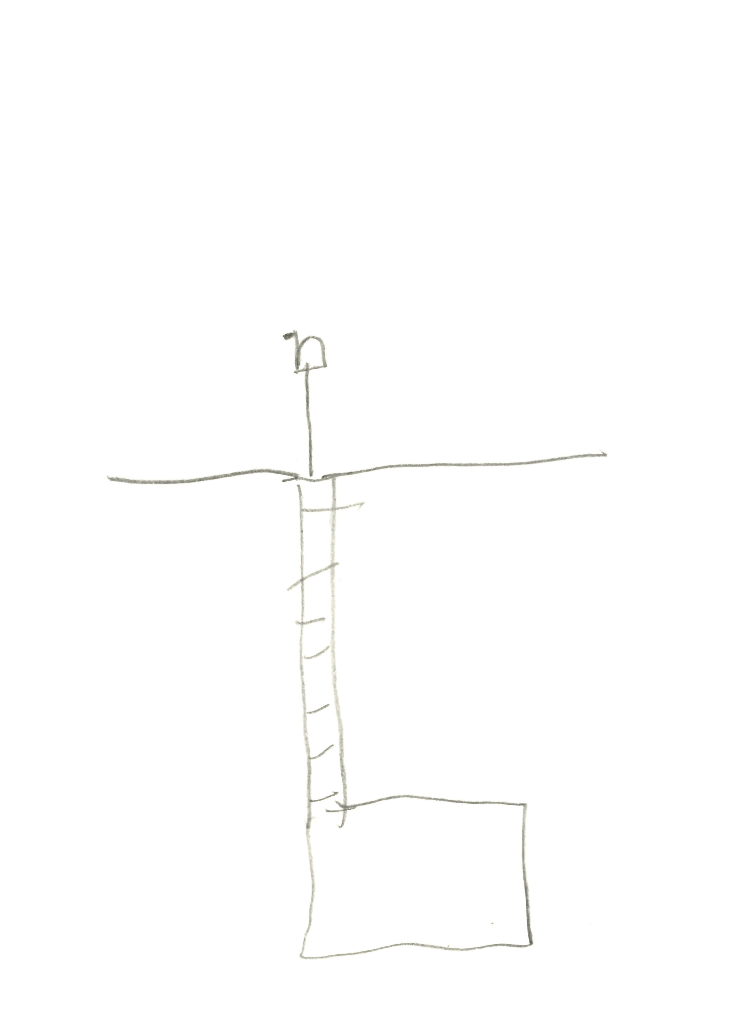 pencil drawing of a building section showing an underground bunker with a ladder leading up to the surface, above which sits a small mailbox
