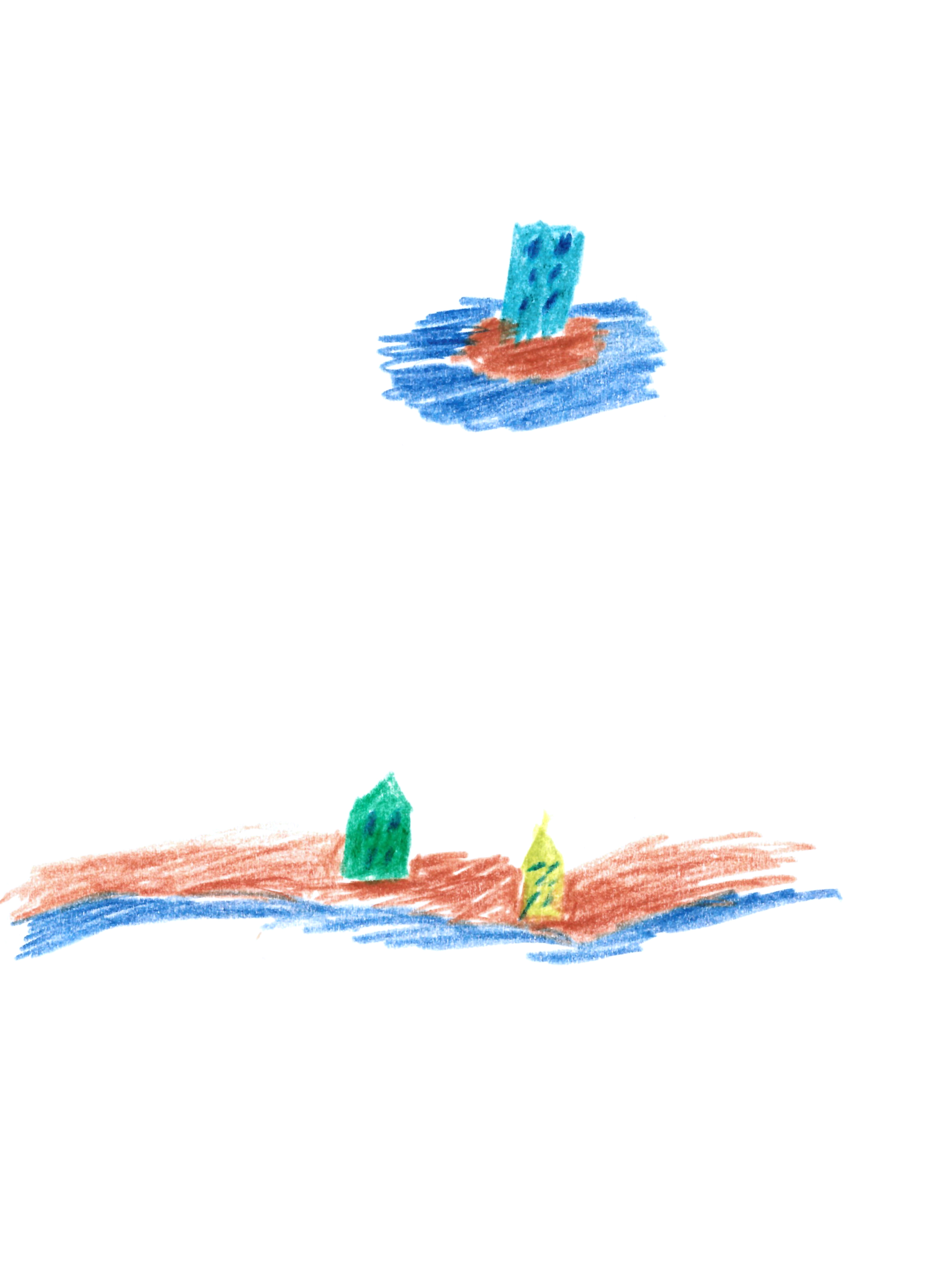 drawing in colored-pencil of two small cottages along a river and a small tower alone on an island above