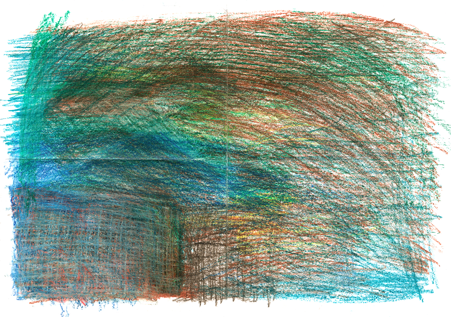 multicolored and multilayered drawing in colored pencil with rapid back and forth linework in various intensities across the page, but ending before the margins