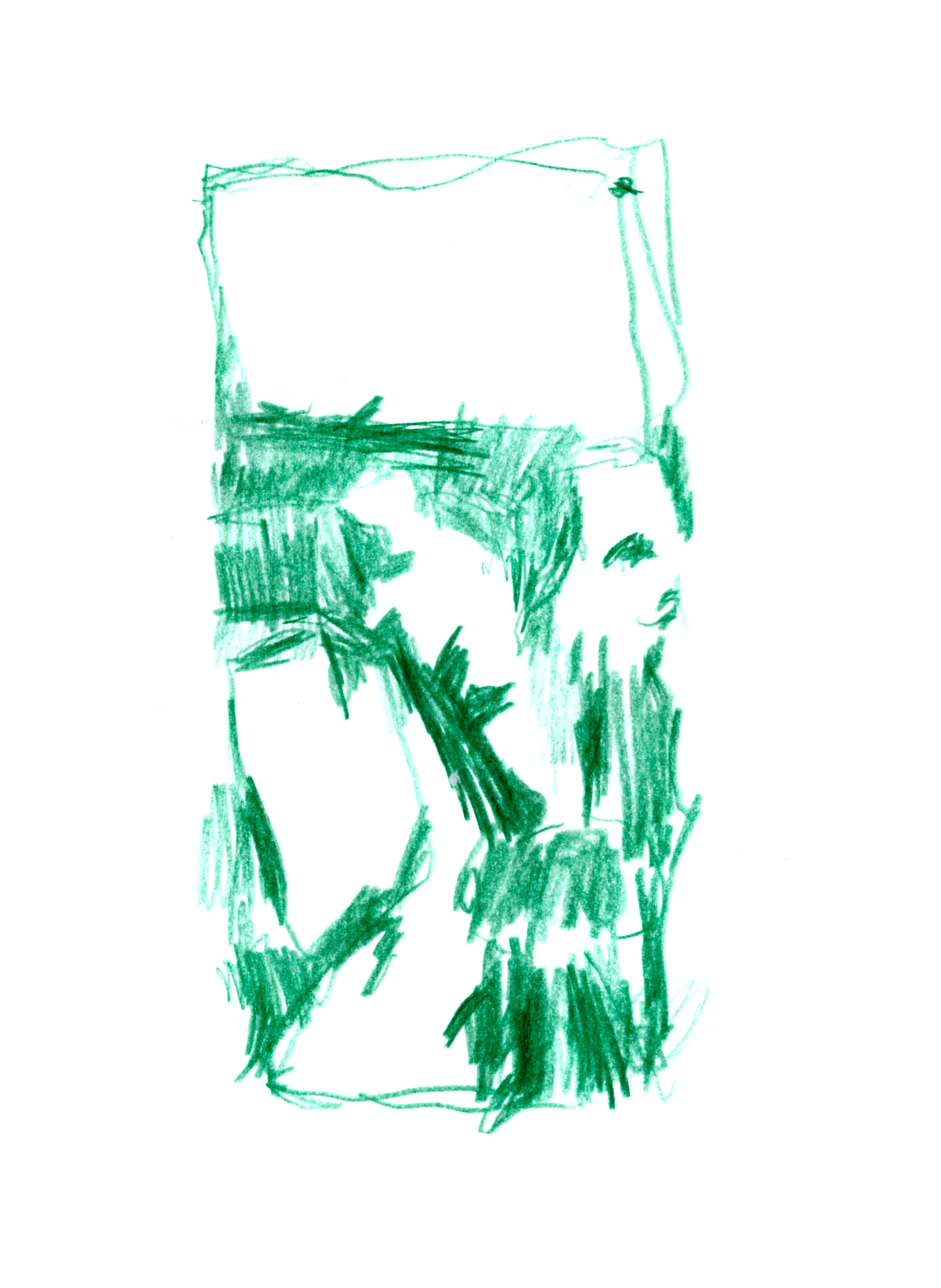 drawing in green colored pencil of an abstract culture with a big upper weight sitting on some smaller cylinders below
