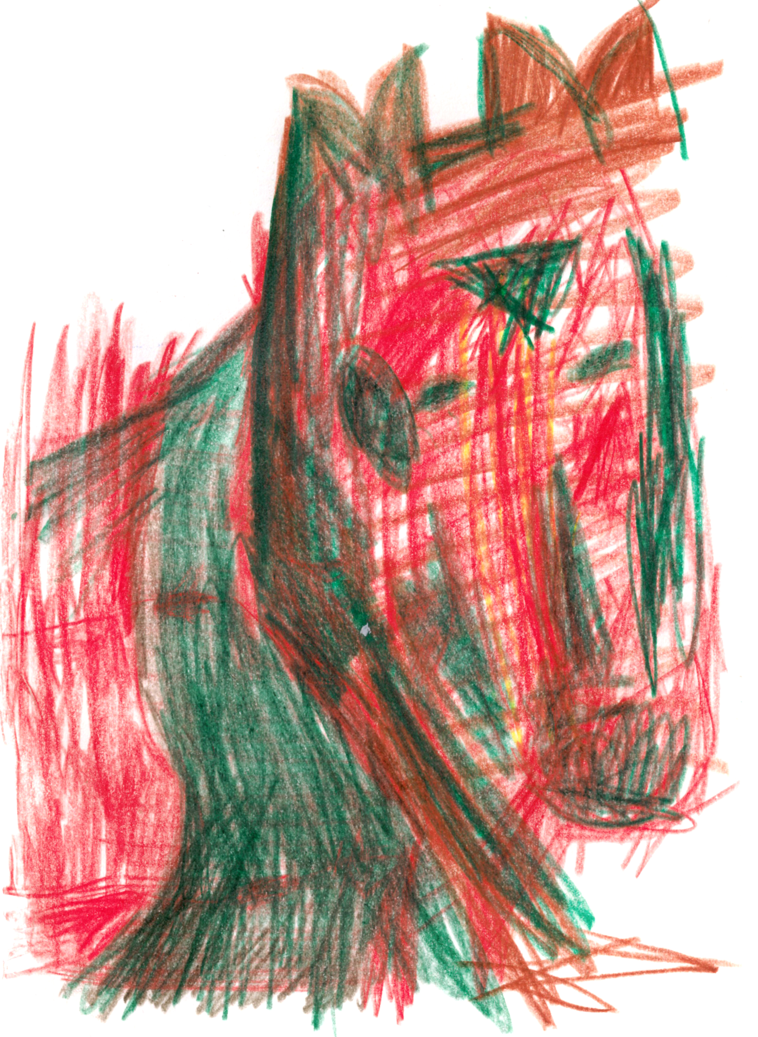 drawing in green and red colored pencil of a horse's head with a triangular forehead mark and a green mane