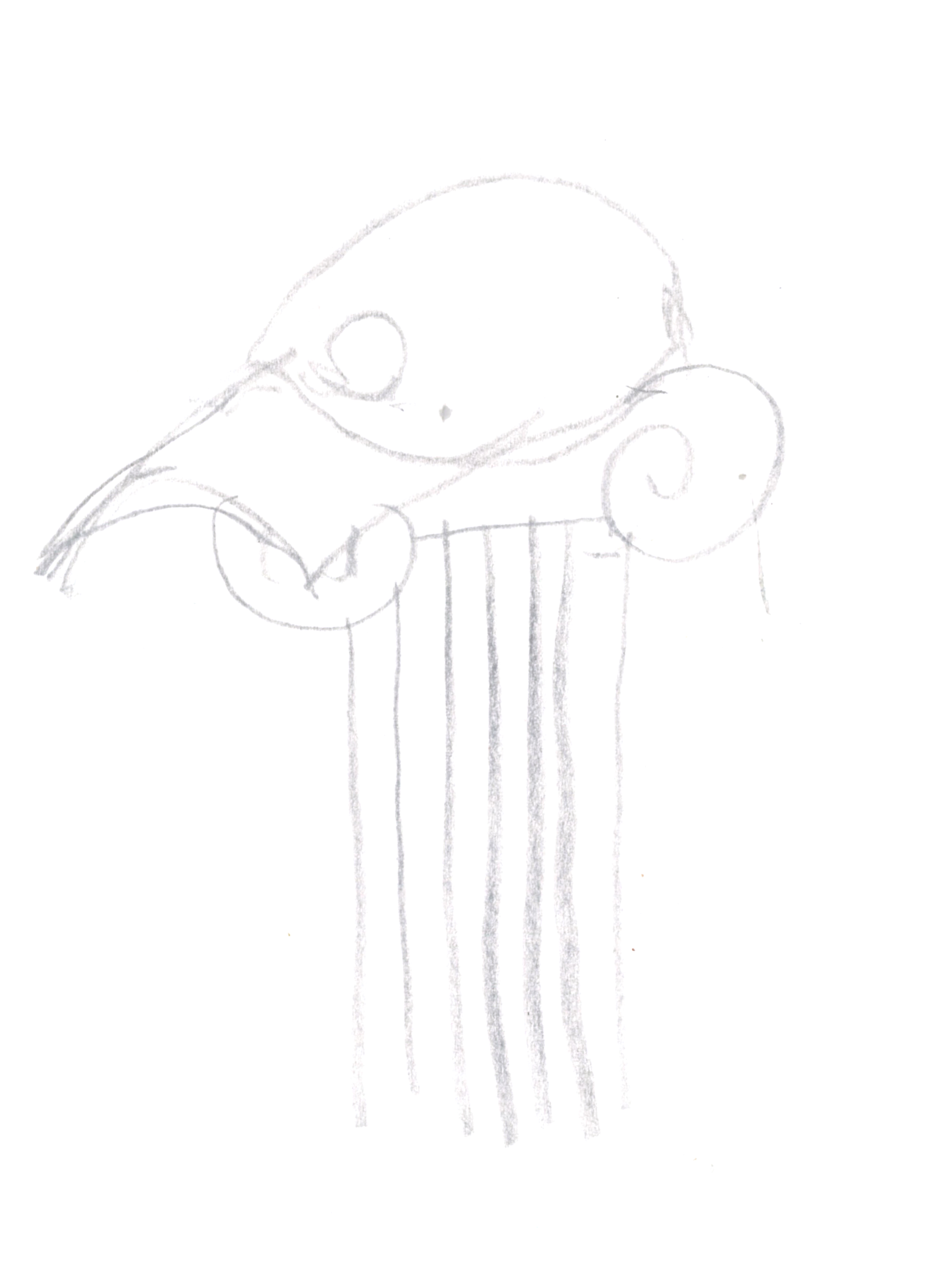 colored pencil drawing of an ionic column capital wearing a baseball cap