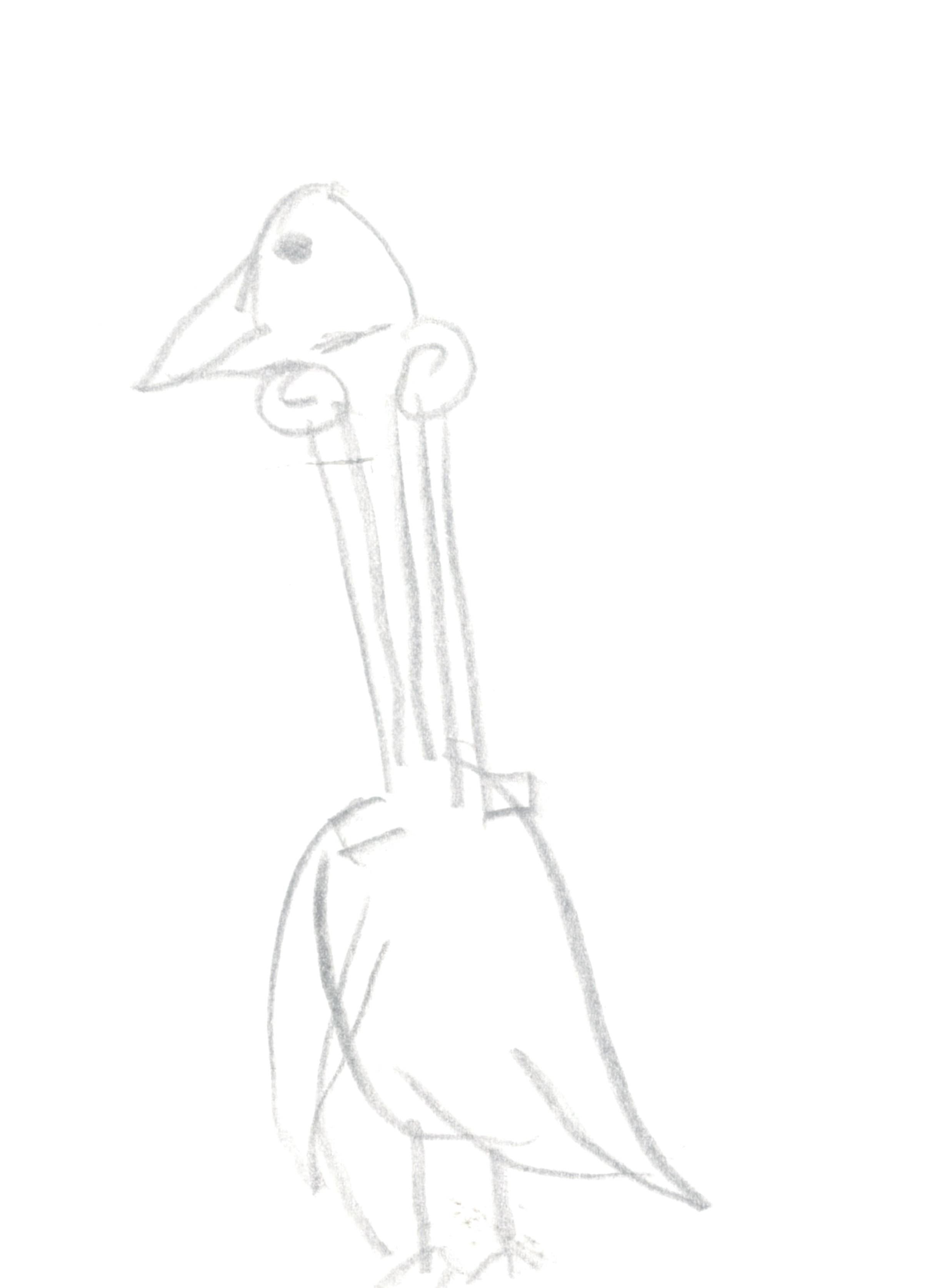 colored pencil drawing in grey of a bird whose long neck is an ionic column