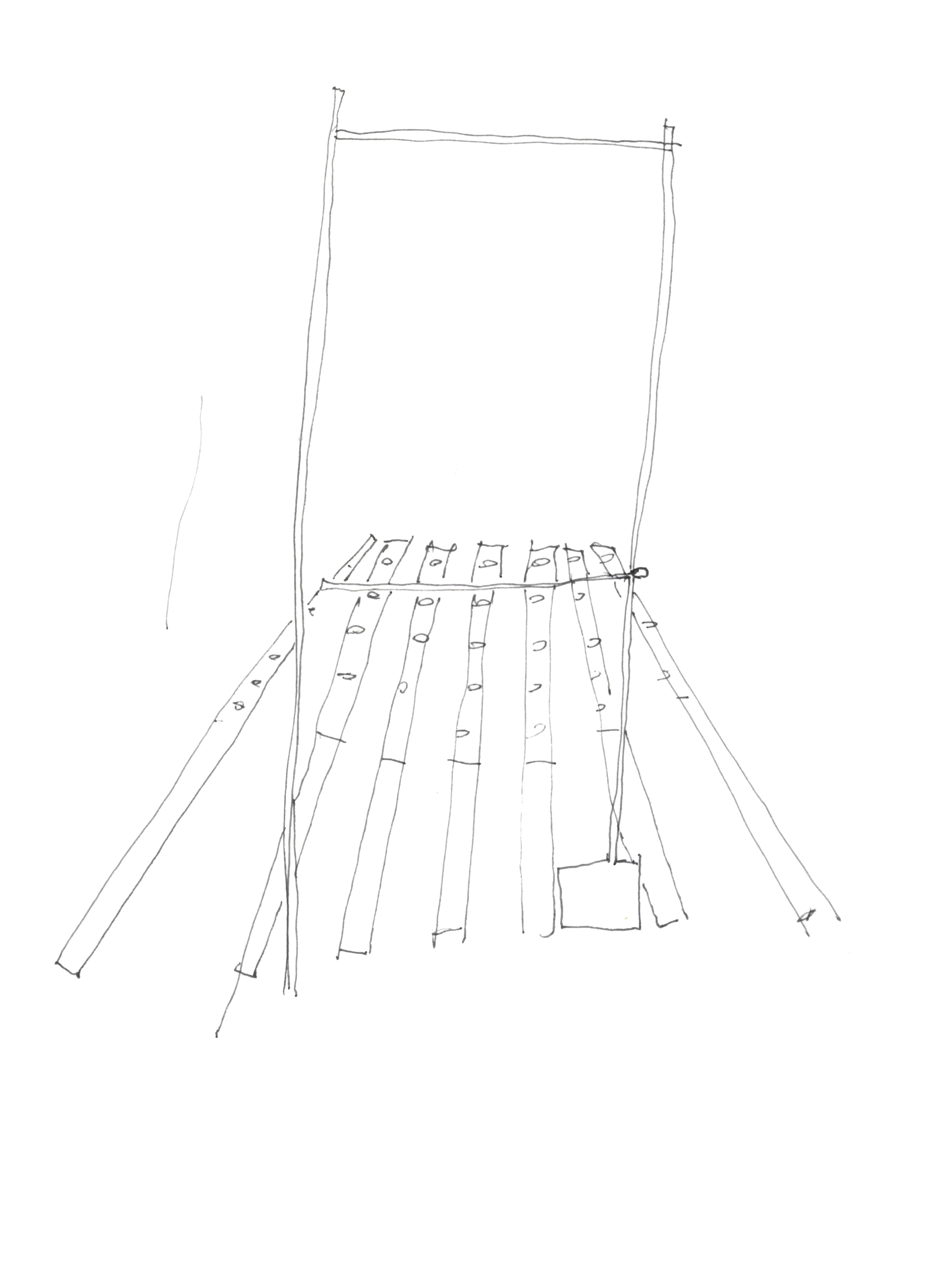 drawing in pen of a frame sitting on a heavy base supporting an array of sticks with holes along their lengths